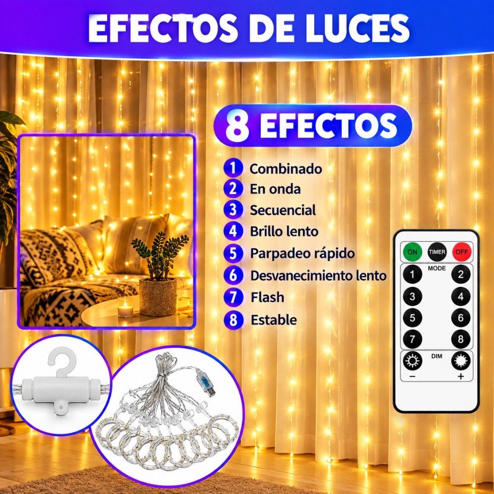 CORTINA DE LUCES 300 LED NAVIDAD 3X3 METROS AMARILLO CALIDA - 3