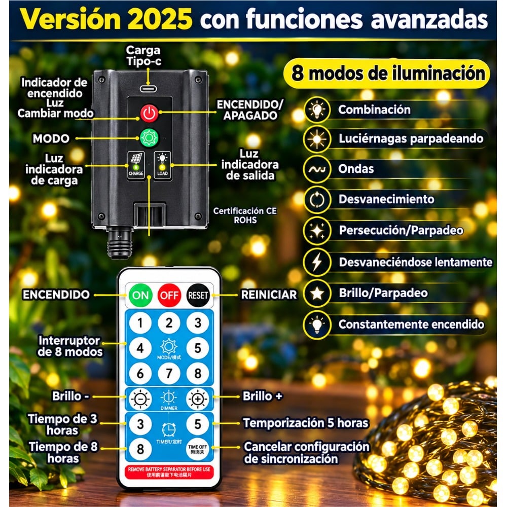 LUCES DE NAVIDAD SOLARES RECARGABLES 33M 500 LED MULTICOLOR - 3