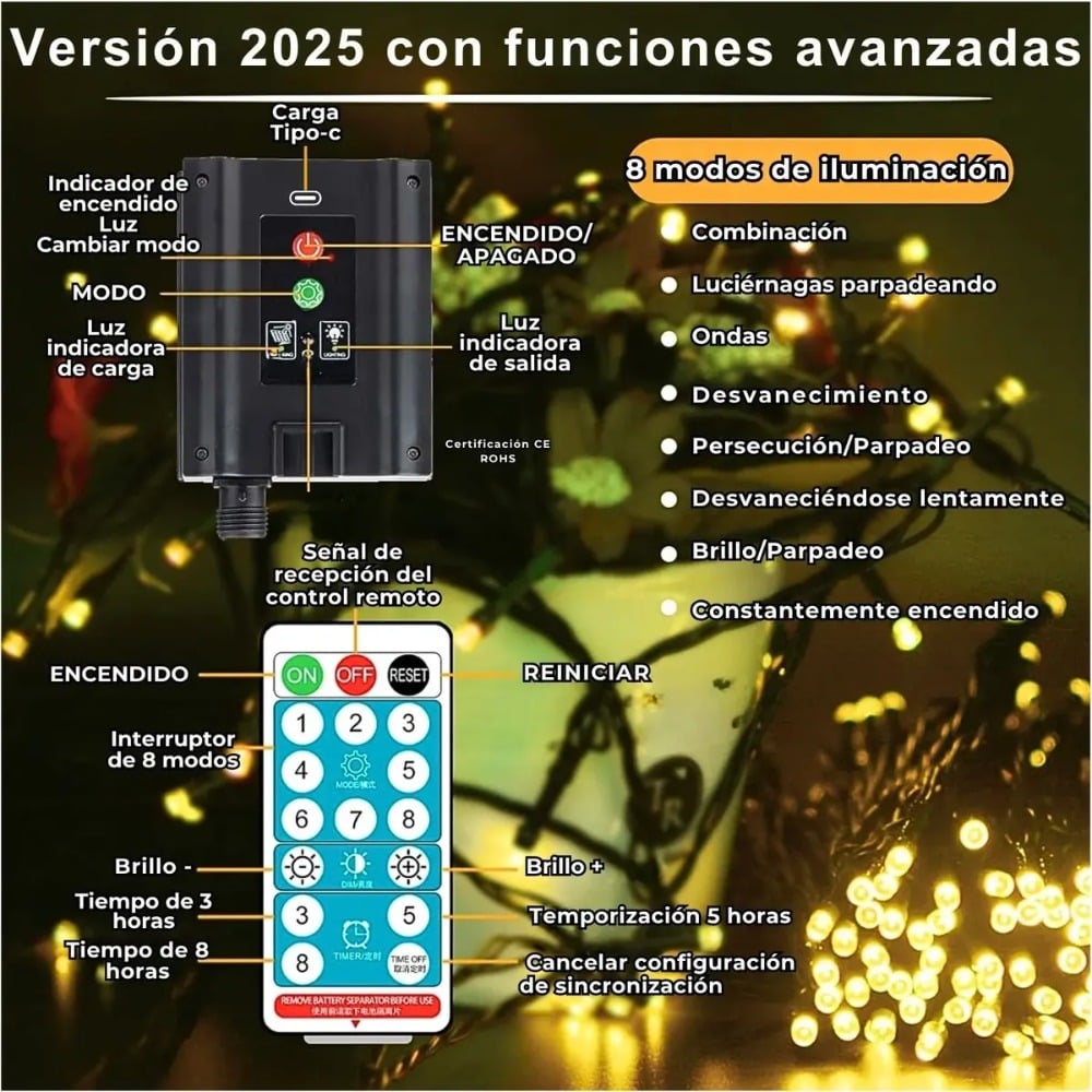 LUCES DE NAVIDAD SOLARES RECARGABLES 33M 500 LED ANARILLO - 4