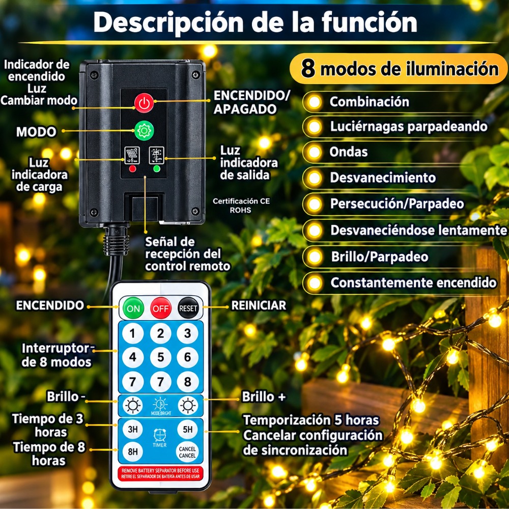 LUCES NAVIDEÑAS SOLARES 9 METROS CON CONTROL Y 100 LED AMARILLO - 3