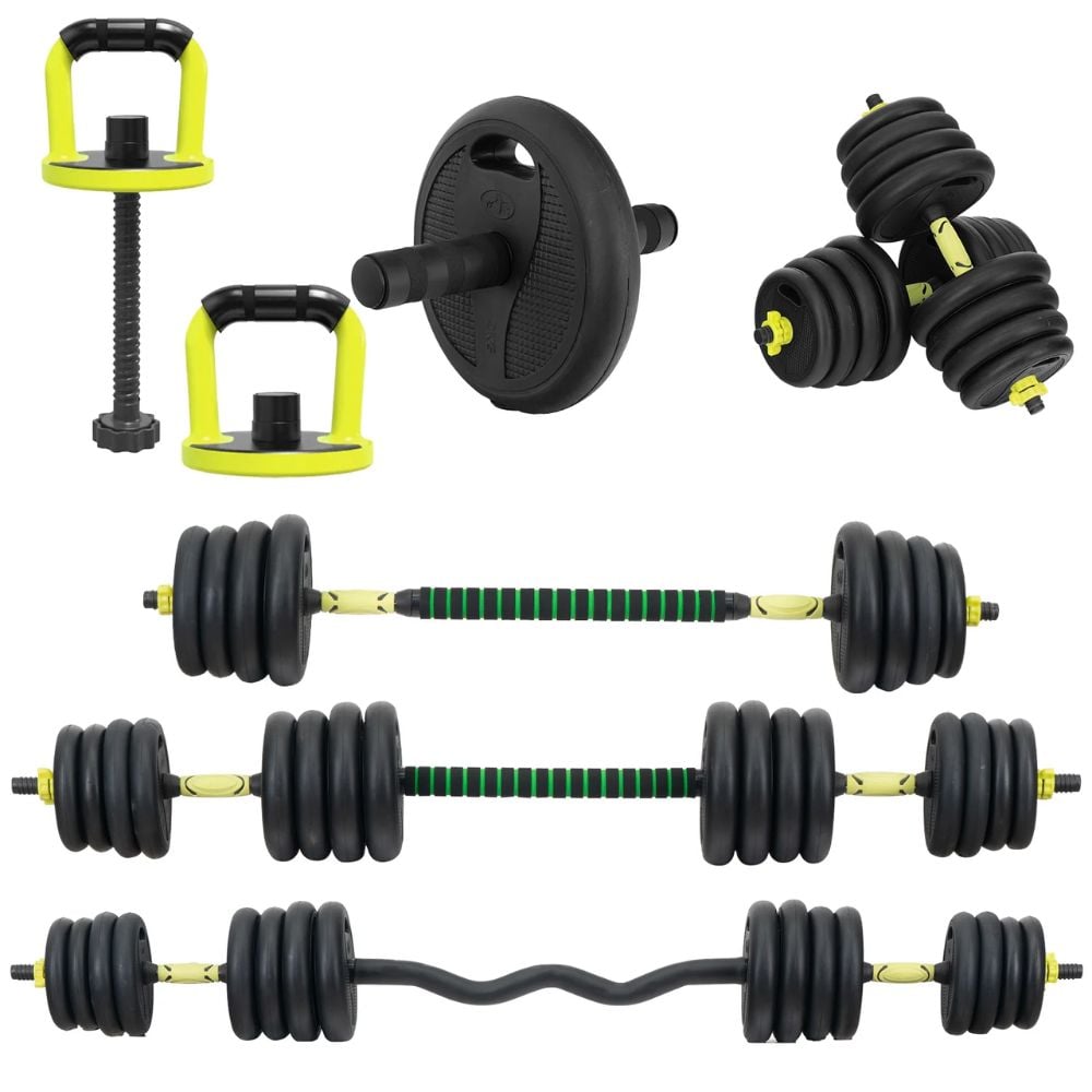 KIT 30 KILOS PESAS MANCUERNAS, BARRA ZETA + BARRA RECTA , AB ROLLER + GUANTES - 1