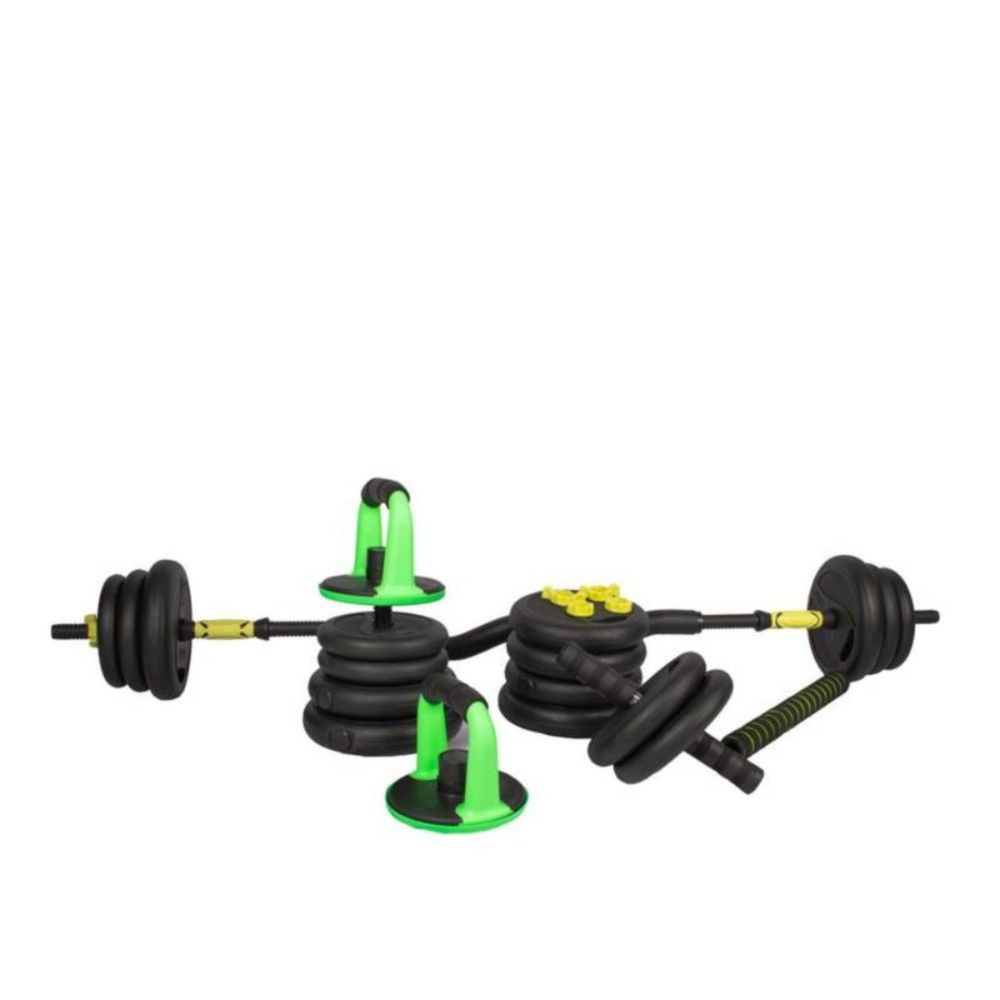 KIT 30 KILOS PESAS MANCUERNAS, BARRA ZETA + BARRA RECTA , AB ROLLER + GUANTES - 2