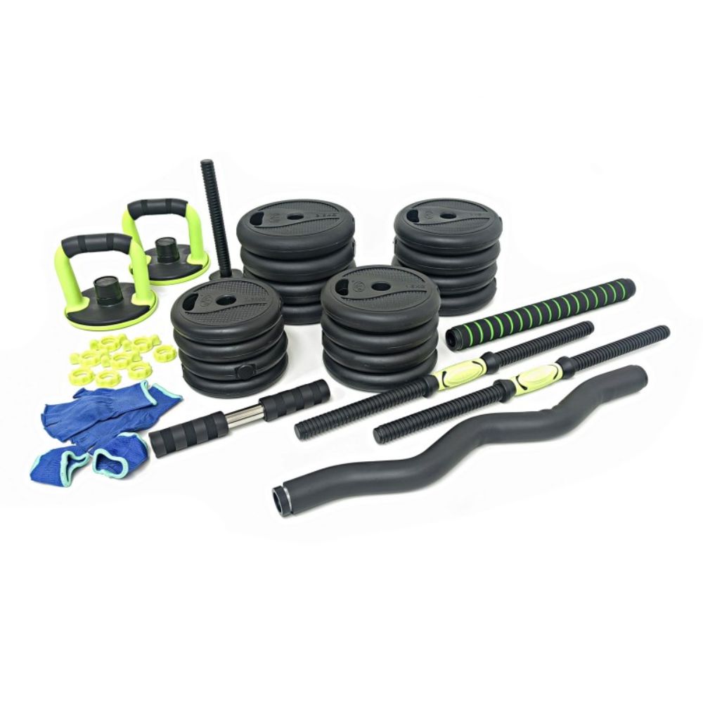 KIT 30 KILOS PESAS MANCUERNAS, BARRA ZETA + BARRA RECTA , AB ROLLER + GUANTES - 5