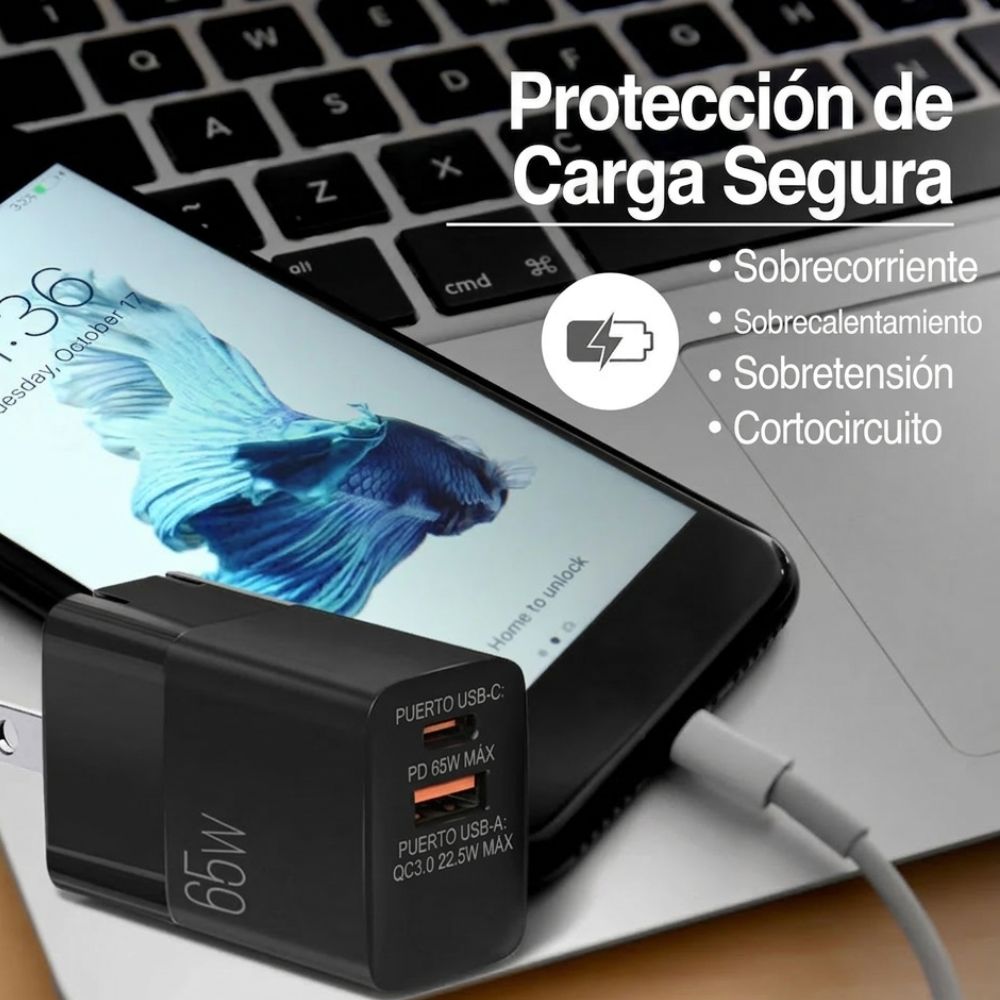 CARGADOR DUAL TIPO C - USB VOLTA P7 CARGA RAPIDA 65W - 2
