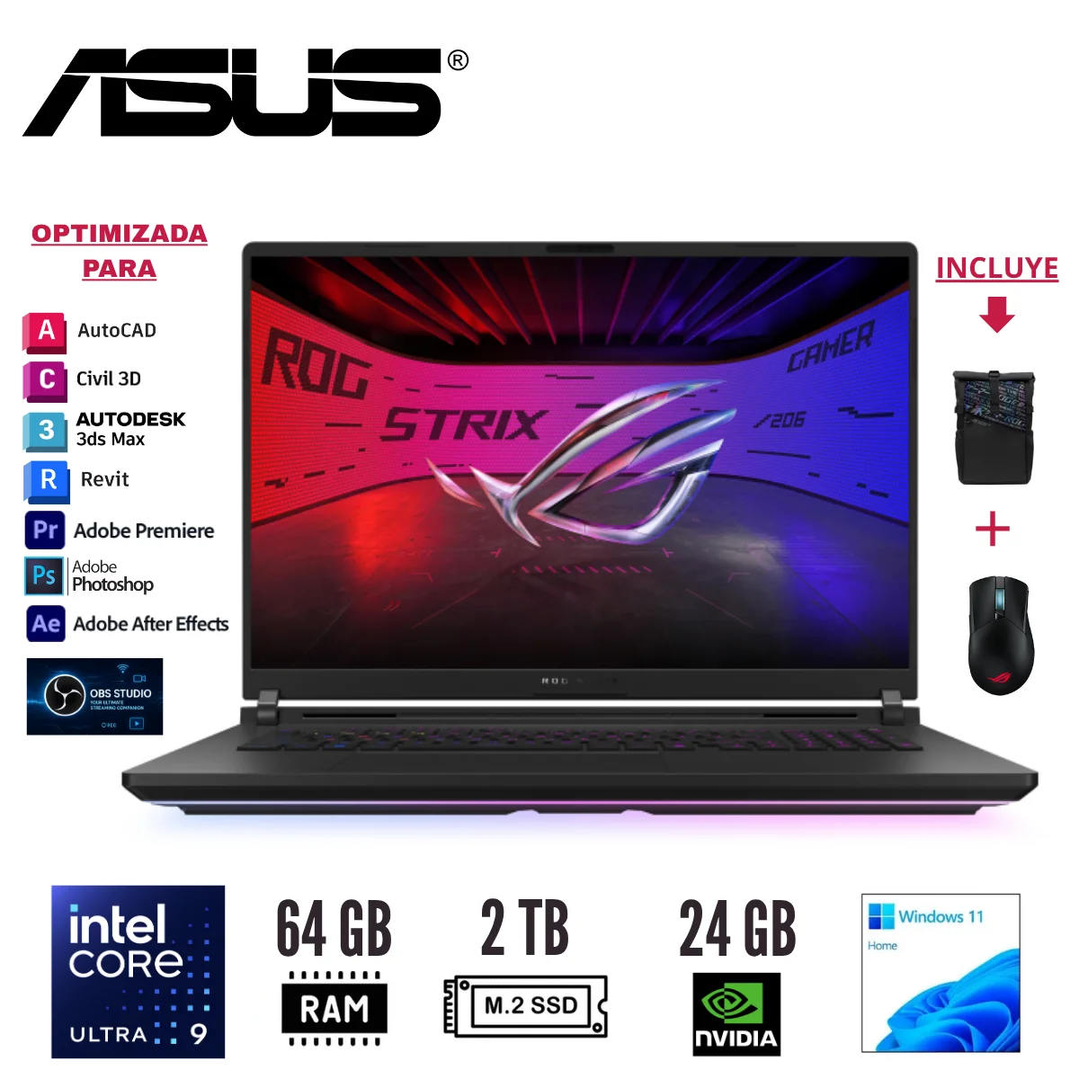 LAPTOP ASUS ROG STRIX SCAR 18 G835LX-SA119W 18 CORE ULTRA 9 275HX 64GB 2TB RTX 5090 24GB W11 - 1