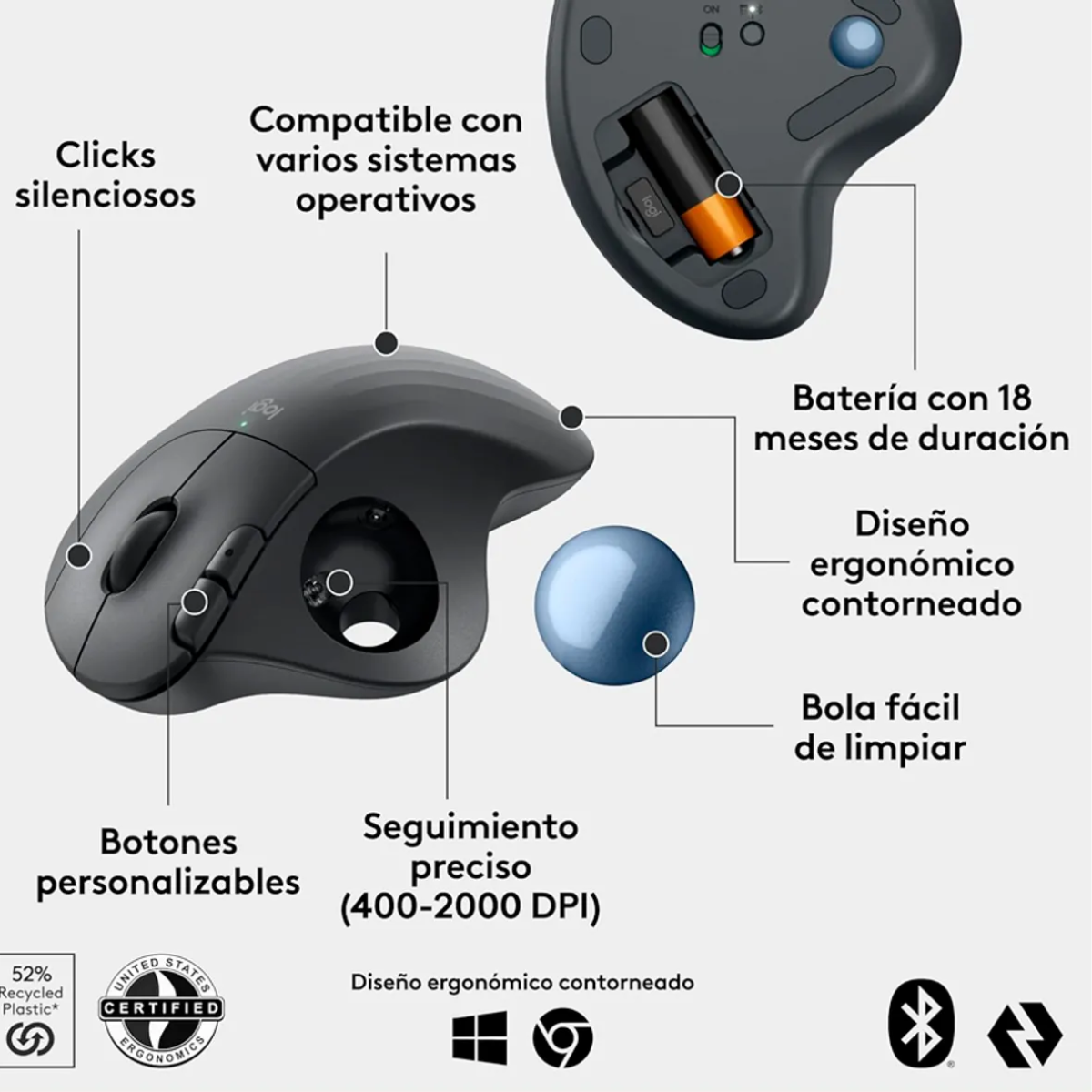 MOUSE LOGITECH ERGO M575S TRACKBALL SILENT WIRELESS CABLE TRENZADO LED USB-A BLACK - 3