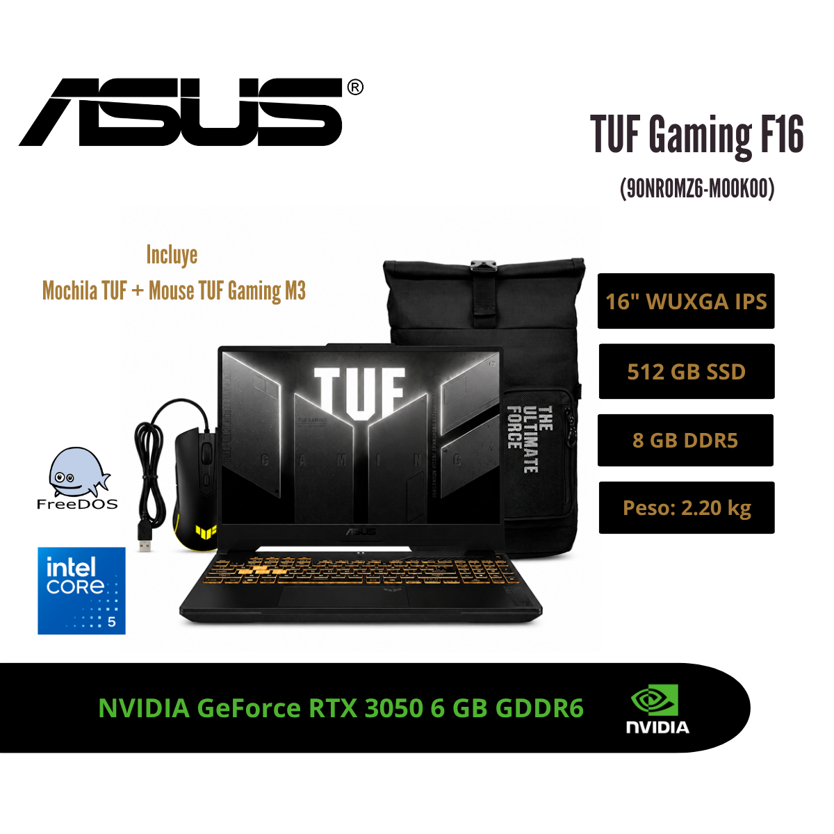 LAPTOP ASUS TUF GAMING F16 16″ WUXGA 144HZ IPS CORE 5 205H RTX 3050 6GB 8GB DDR5 512GB SSD MECHA GRAY 90NR0MZ6-M00K00 - 1