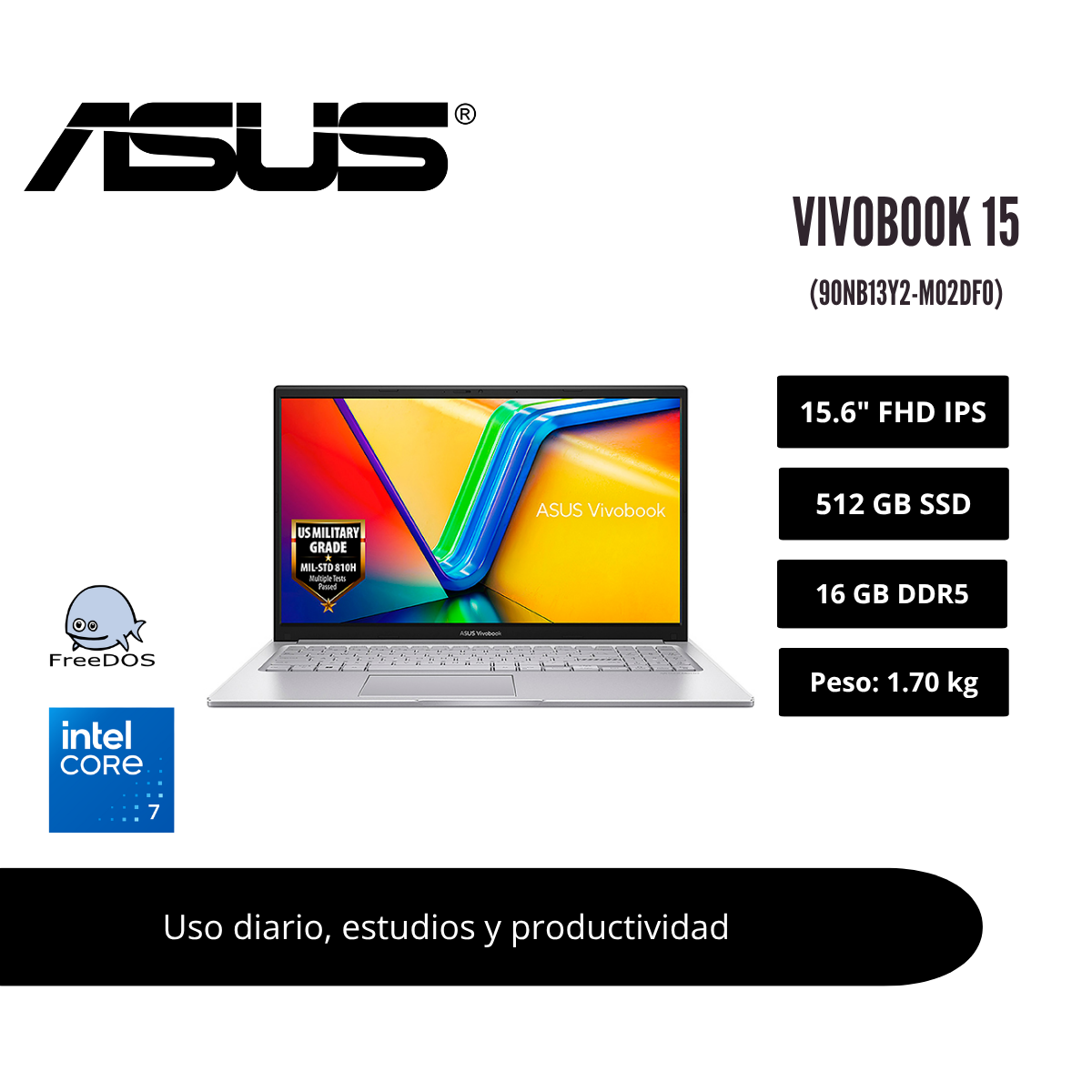 LAPTOP ASUS VIVOBOOK 15 15.6″ FHD IPS CORE 7 150U 16GB DDR5 512GB SSD COOL SILVER WINDOWS 11 HOME 90NB13Y2-M02DF0 - 1
