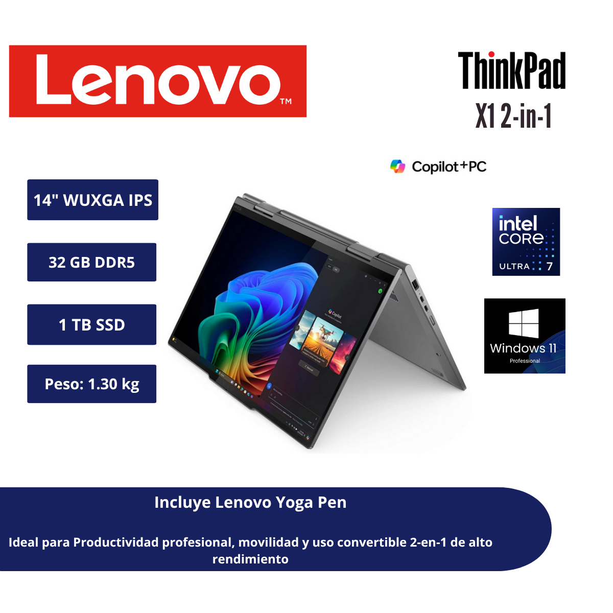 LAPTOP 2-EN-1 LENOVO THINKPAD X1 GEN 10 14″ WUXGA IPS TÁCTIL CORE ULTRA 7 258V 32GB LPDDR5X 1TB SSD WINDOWS 11 PRO 21NVS14L00 - 1