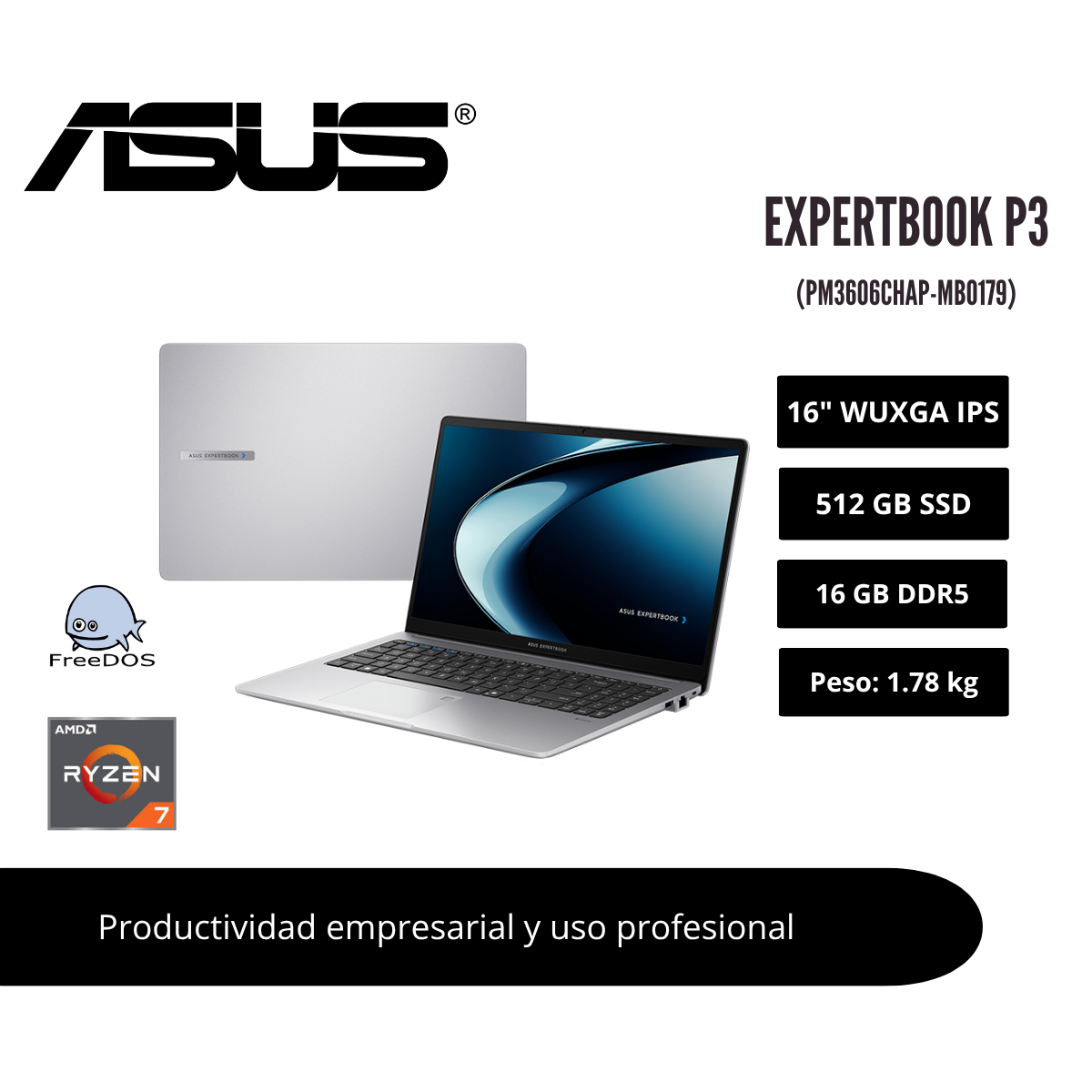 LAPTOP ASUS EXPERTBOOK P3 16″ WUXGA IPS RYZEN 7 8840HS 16GB DDR5 512GB SSD MISTY GREY 90NX09T1-M00680 - 1