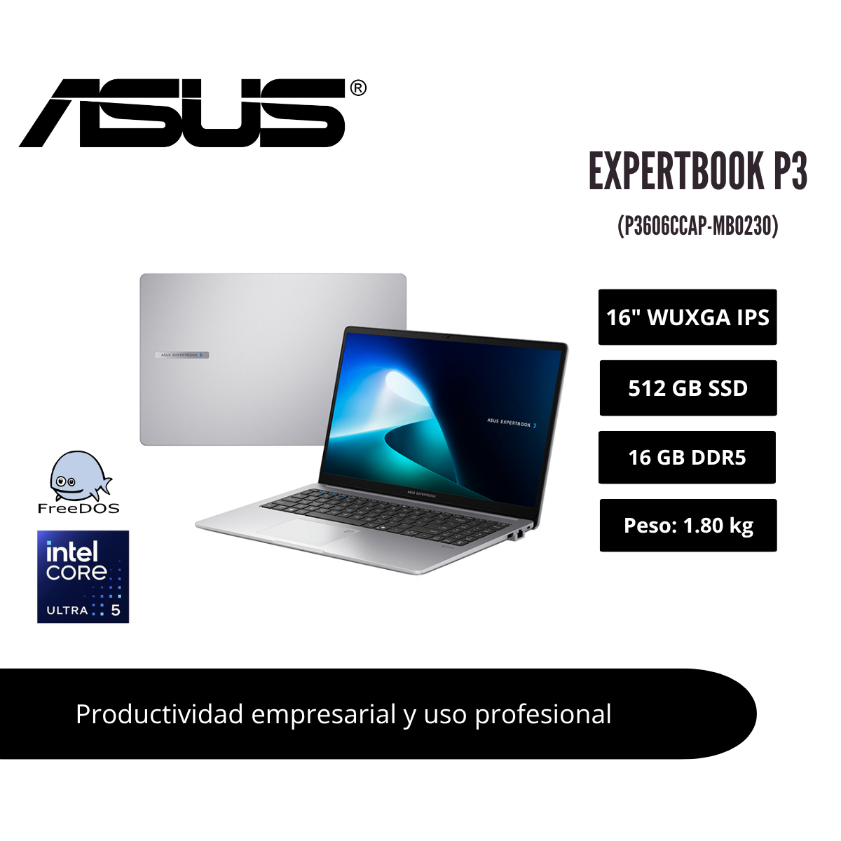 LAPTOP ASUS EXPERTBOOK P3 16″ WUXGA IPS CORE ULTRA 5 225H 16GB DDR5 512GB SSD MISTY GREY 90NX0AL1-M00810 - 1