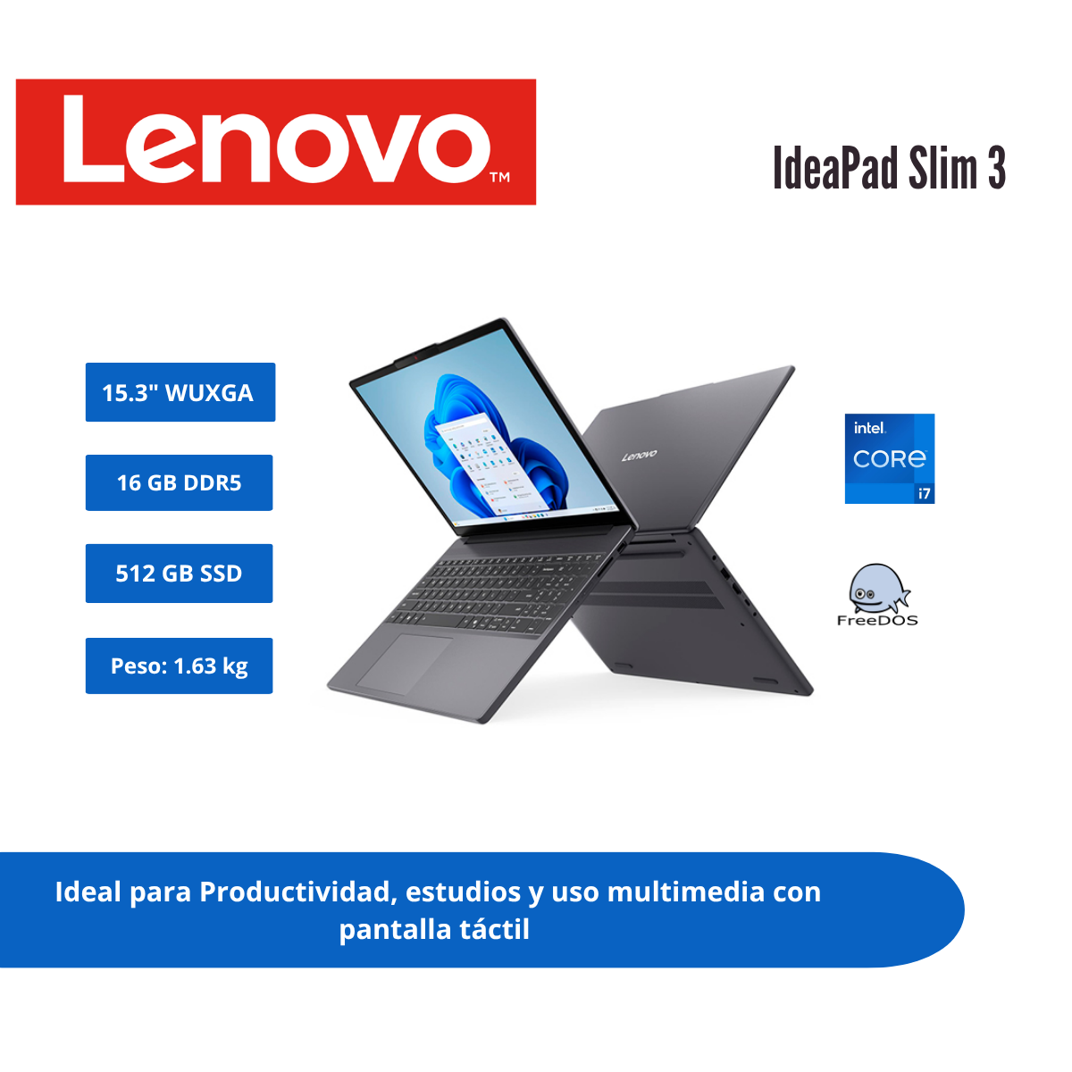 LAPTOP LENOVO IDEAPAD SLIM 3 15.3″ WUXGA IPS TÁCTIL CORE I7-13620H 16GB DDR5 512GB SSD LUNA GREY 83K101EVL - 1
