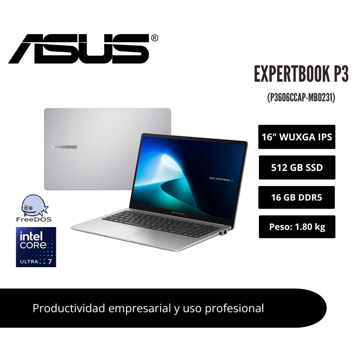 LAPTOP ASUS EXPERTBOOK P3 16″ WUXGA IPS CORE ULTRA 7 255H 16GB DDR5 512GB SSD MISTY GREY 90NX0AL1-M00820 - 1