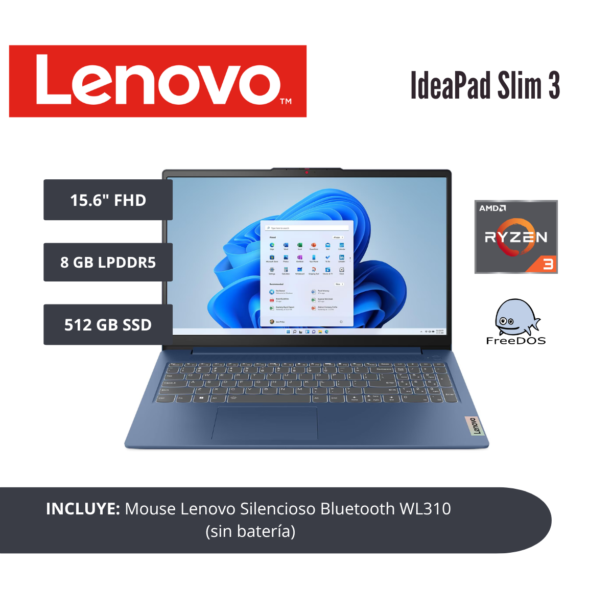 LAPTOP LENOVO IDEAPAD SLIM 3 15.6″ FHD TN RYZEN 3 7320U 8GB LPDDR5 512GB SSD - 1