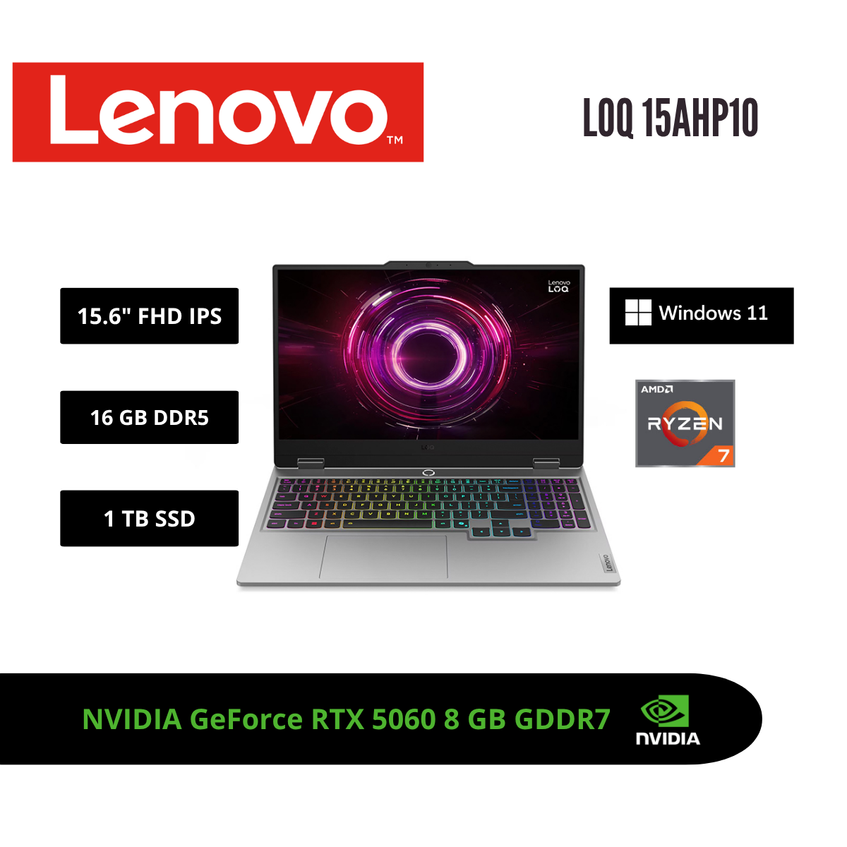 LAPTOP LENOVO LOQ 15 15.6″ FHD 144HZ IPS RYZEN 7 250 RTX 5060 8GB 16GB DDR5 1TB SSD LUNA GREY - 1
