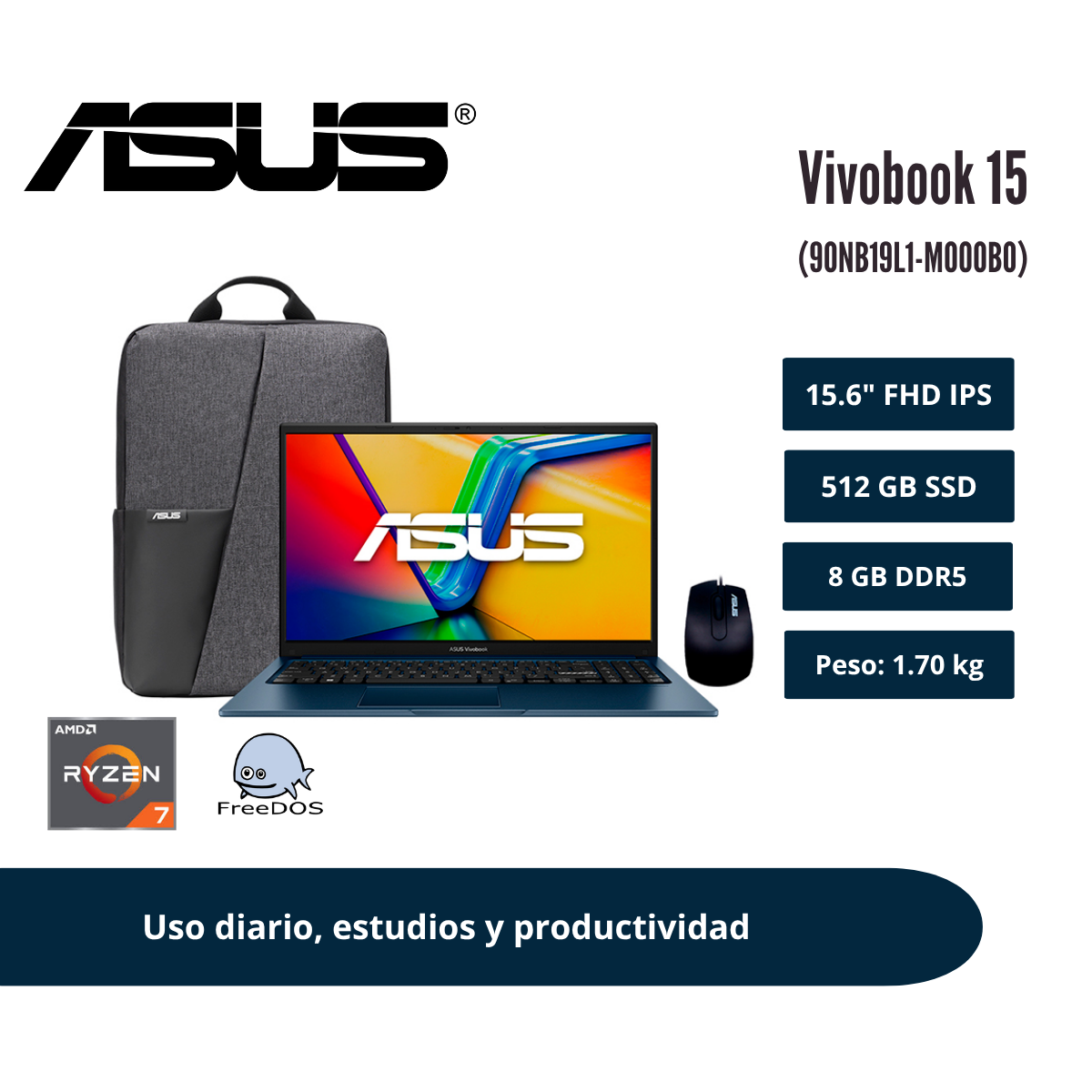 LAPTOP ASUS VIVOBOOK 15 15.6″ FHD IPS RYZEN 7 7840HS 8GB DDR5 512GB SSD QUIET BLUE 90NB19L1-M000B0 - 1