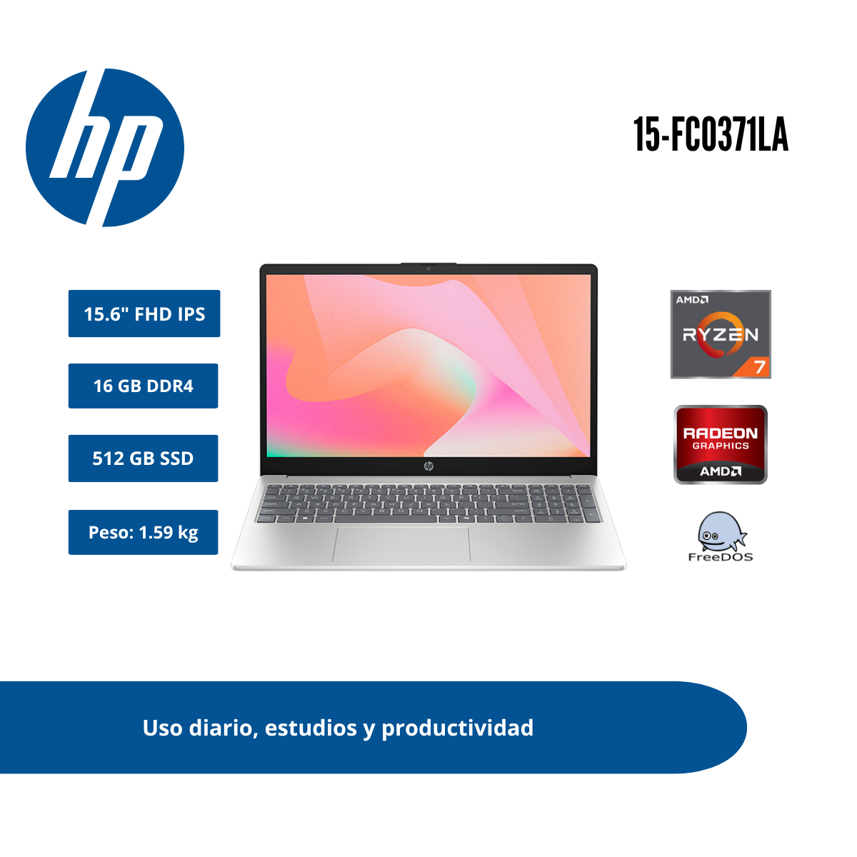 LAPTOP HP 15 15.6″ FHD RYZEN 7 7730U 16GB DDR4 512GB SSD PLATEADO NATURAL FREEDOS D5MN1LA#ABM - 1