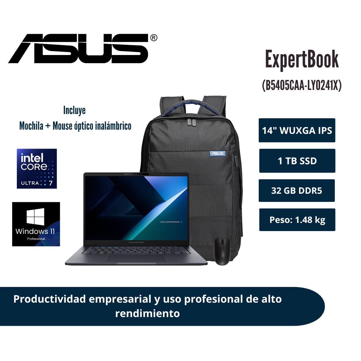 LAPTOP ASUS EXPERTBOOK B5 14″ WUXGA IPS CORE ULTRA 7 355 32GB DDR5 1TB SSD GENTLE GREY WINDOWS 11 PRO 90NX0A21-M00830 - 1