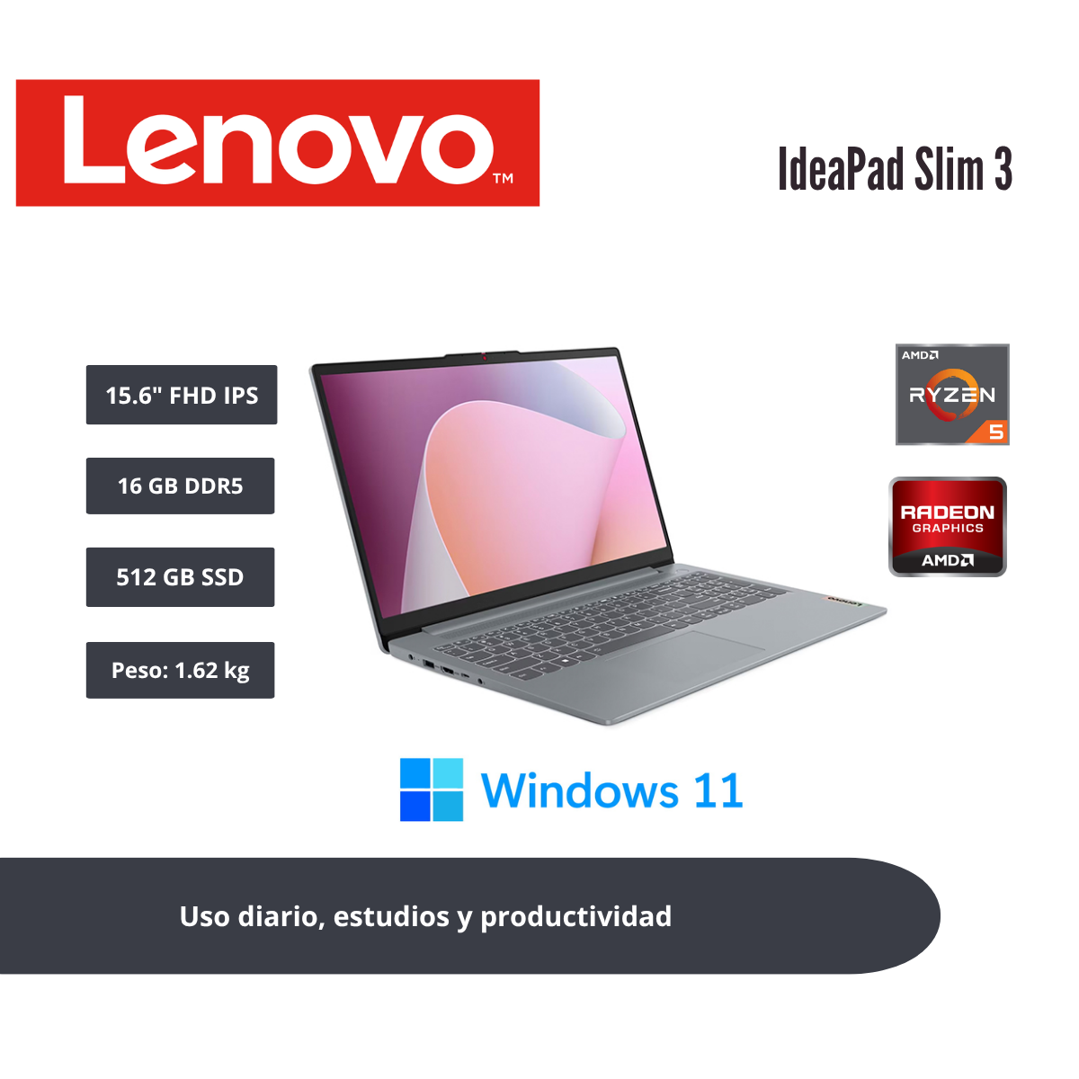 LAPTOP LENOVO IDEAPAD SLIM 3 15.6″ FHD IPS RYZEN 5 7520U 16GB LPDDR5 512GB SSD GRIS ÁRTICO WINDOWS 11 HOME 82XQ00LYLM - 1
