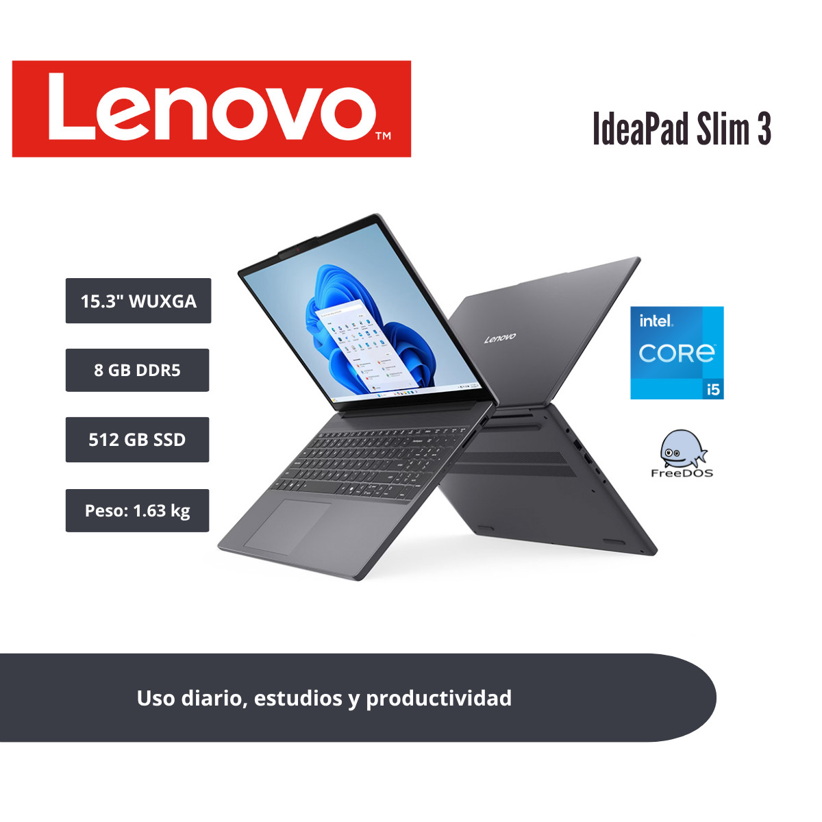 LAPTOP LENOVO IDEAPAD SLIM 3 15.3″ WUXGA IPS CORE I5-13420H 8GB DDR5 512GB SSD LUNA GREY 83K101LTLM - 1