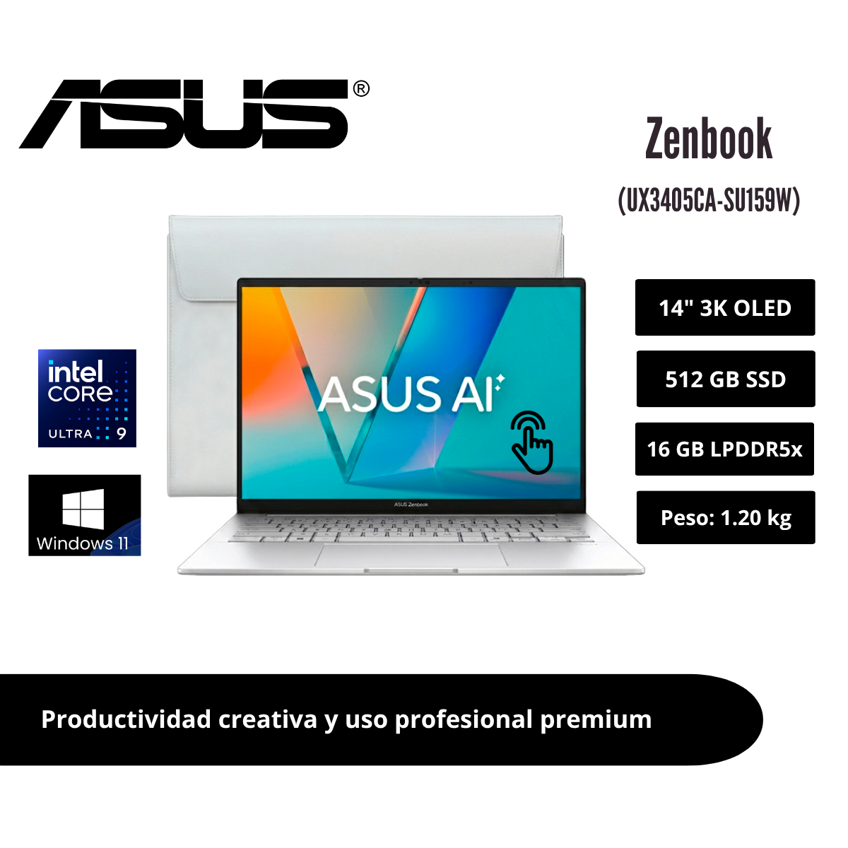 LAPTOP ASUS ZENBOOK 14″ 3K OLED TÁCTIL 120HZ CORE ULTRA 9 285H 16GB LPDDR5X 512GB SSD FOGGY SILVER WINDOWS 11 HOME 90NB14W4-M0295 - 1
