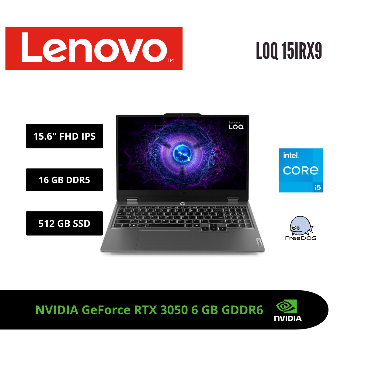 LAPTOP LENOVO LOQ 15 15.6″ FHD 144HZ IPS CORE I5-13450HX RTX 3050 6GB 16GB DDR5 512GB SSD LUNA GREY 83DV01AYLM - 1