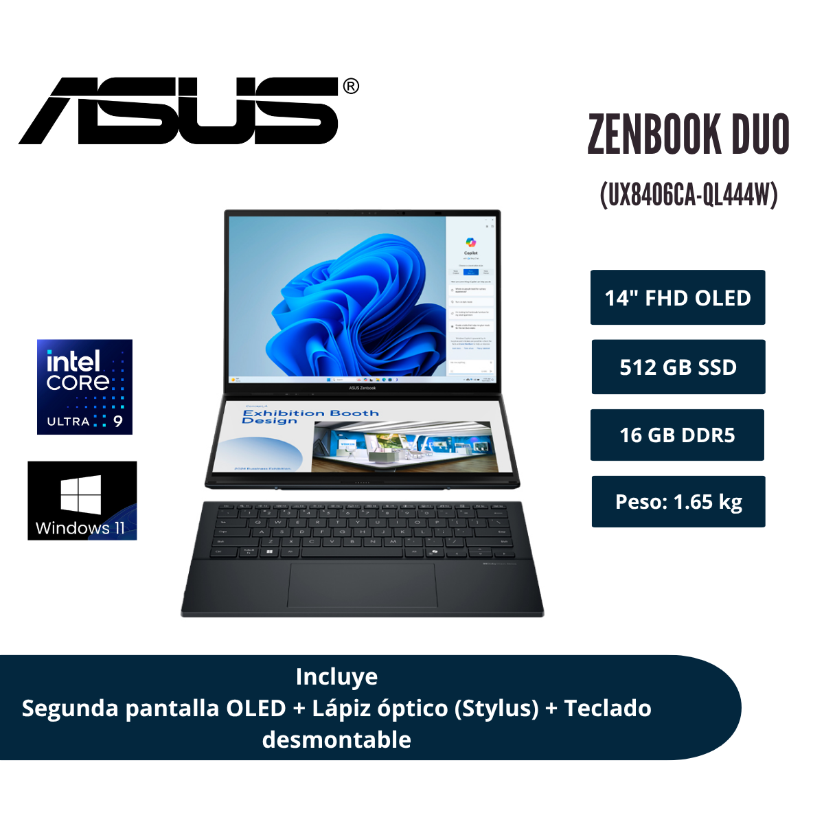 LAPTOP ASUS ZENBOOK DUO 14″ FHD OLED TÁCTIL DUAL SCREEN CORE ULTRA 9 285H 16GB LPDDR5X 512GB SSD INKWELL GRAY WINDOWS 11 HOME 90N - 1