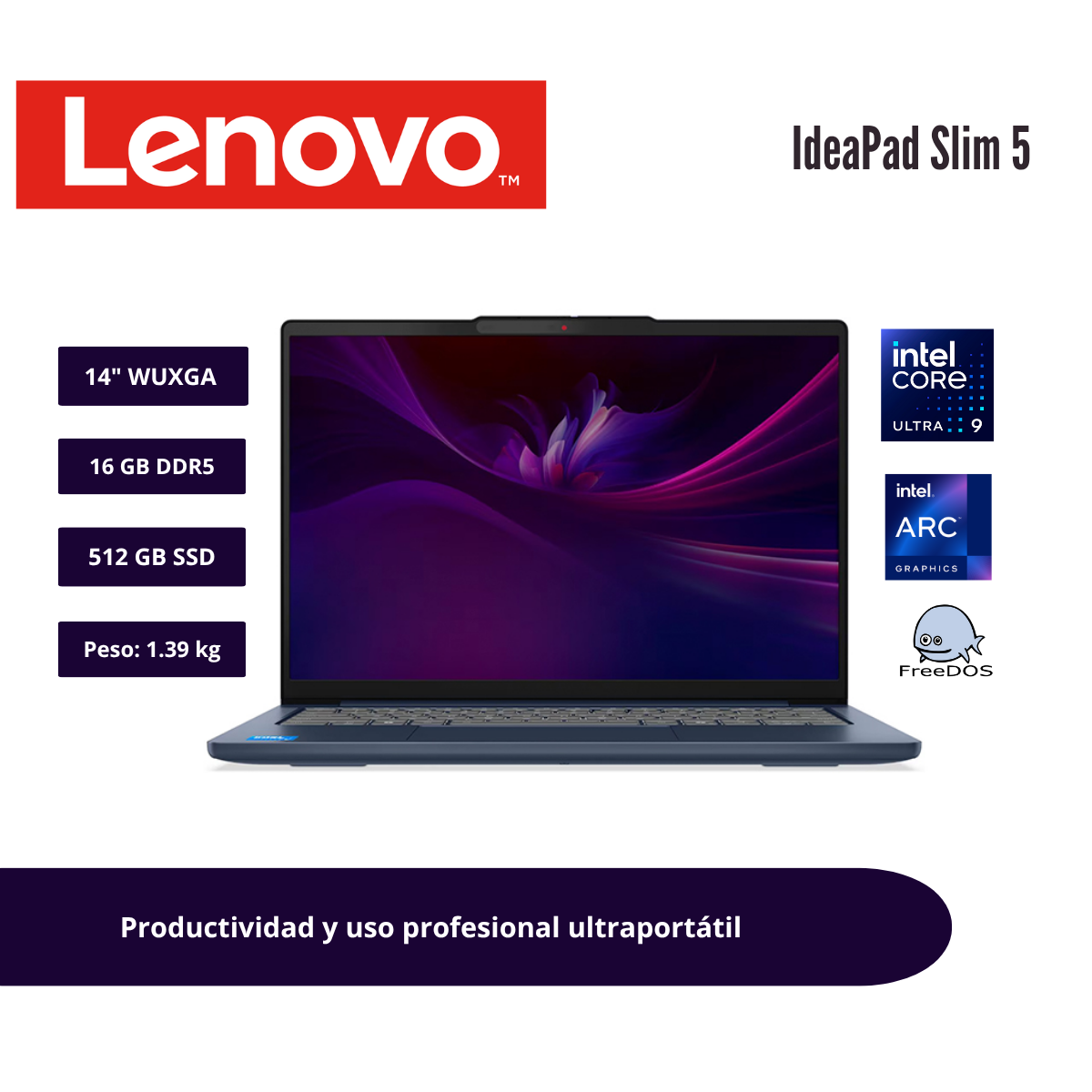 LAPTOP LENOVO IDEAPAD SLIM 5 14″ WUXGA OLED CORE ULTRA 9 185H 16GB DDR5 512GB SSD COSMIC BLUE 83V6004GLM - 1