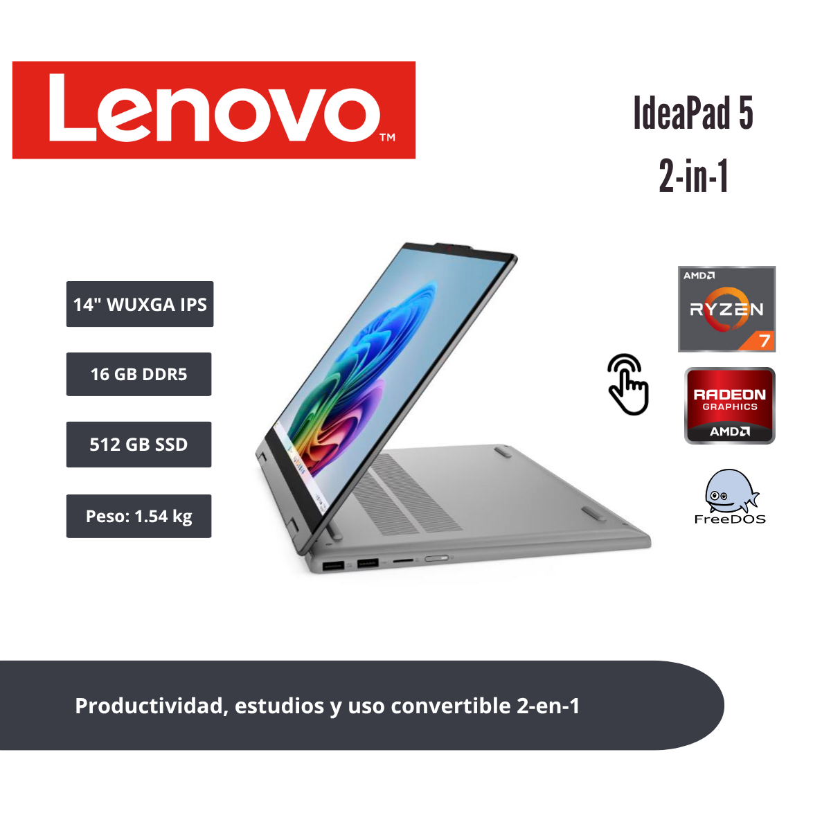 LAPTOP 2-EN-1 LENOVO IDEAPAD 5 14″ WUXGA IPS TÁCTIL RYZEN 7 250 16GB DDR5 512GB SSD LUNA GREY 83UJ0012LM - 1