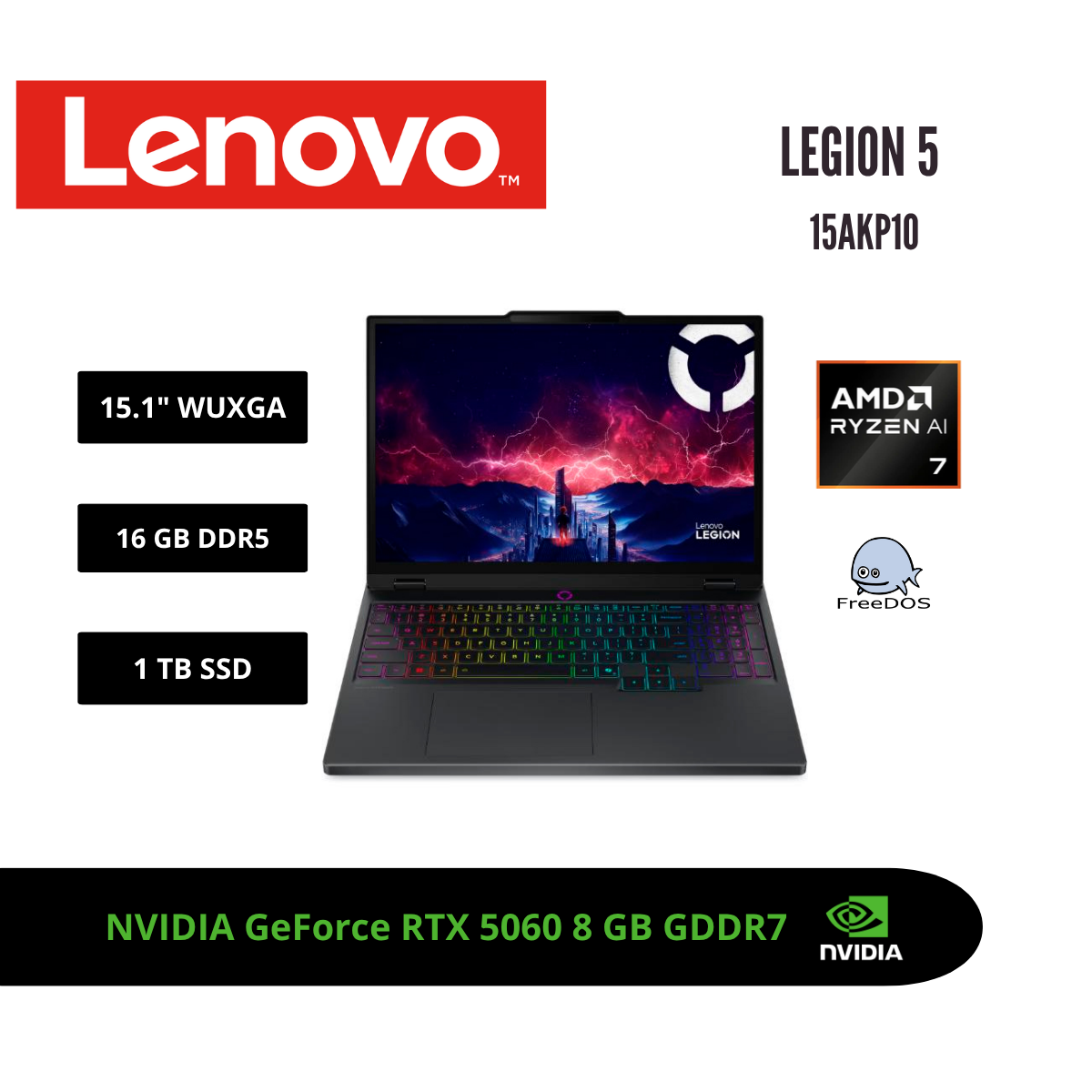 LAPTOP LENOVO LEGION 5 15.1″ WQXGA OLED 165HZ RYZEN AI 7 350 RTX 5060 8GB 16GB DDR5 1TB SSD ECLIPSE BLACK 83F1002ULM - 1