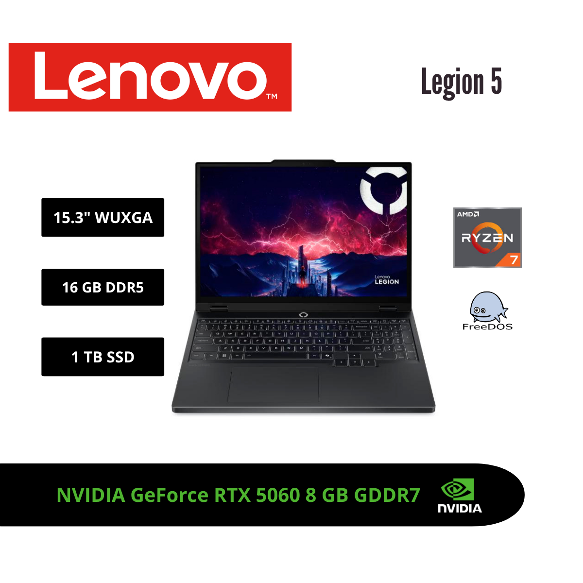 LAPTOP LENOVO LEGION 5 15.3″ WUXGA 165HZ IPS RYZEN 7 260 RTX 5060 8GB 16GB DDR5 1TB SSD ECLIPSE BLACK 83M0005GLM - 1