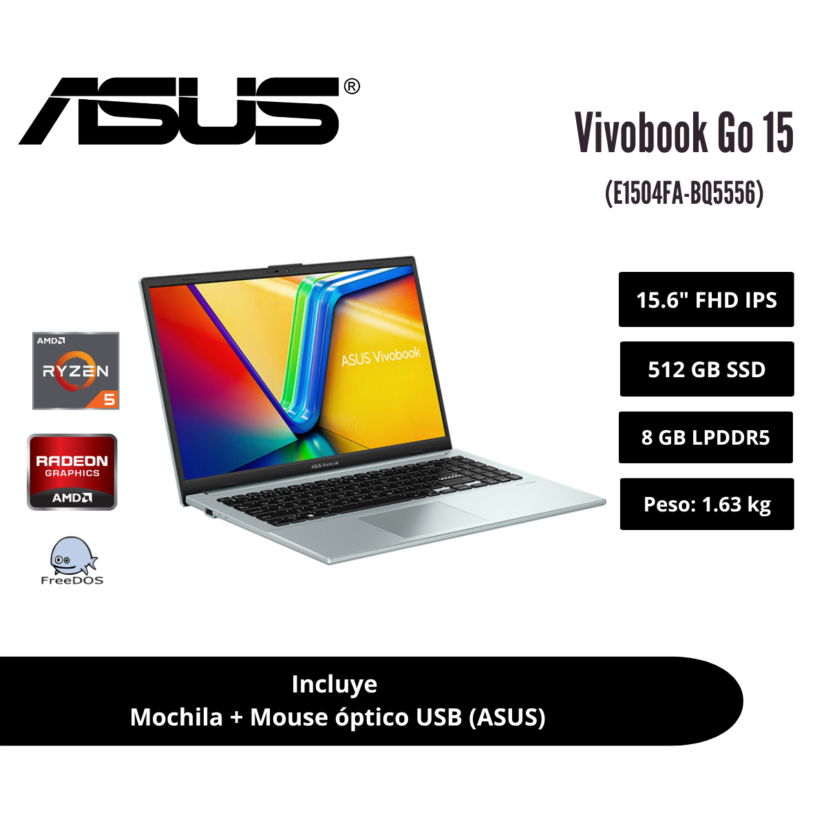 LAPTOP ASUS VIVOBOOK GO 15 15.6″ FHD IPS RYZEN 5 40 8GB LPDDR5 512GB SSD GREEN GRAY 90NB0ZR3-M07Y50 - 1