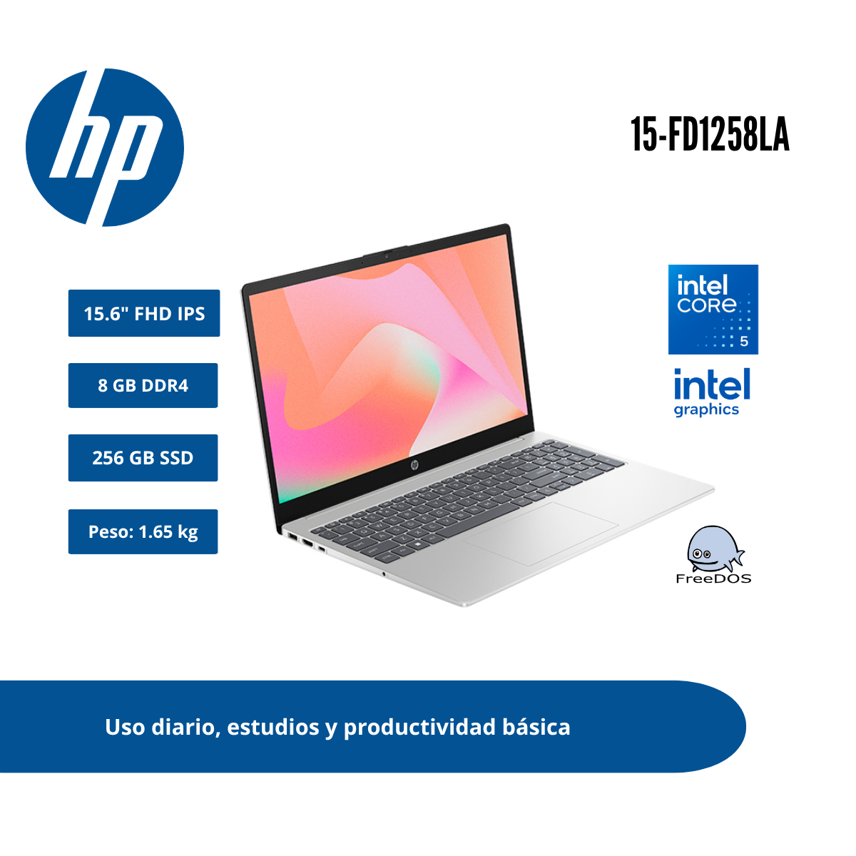 LAPTOP HP 15 15.6″ FHD IPS CORE 5 120U 8GB DDR4 256GB SSD PLATA NATURAL FREEDOS DM8V2LA#ABM - 1