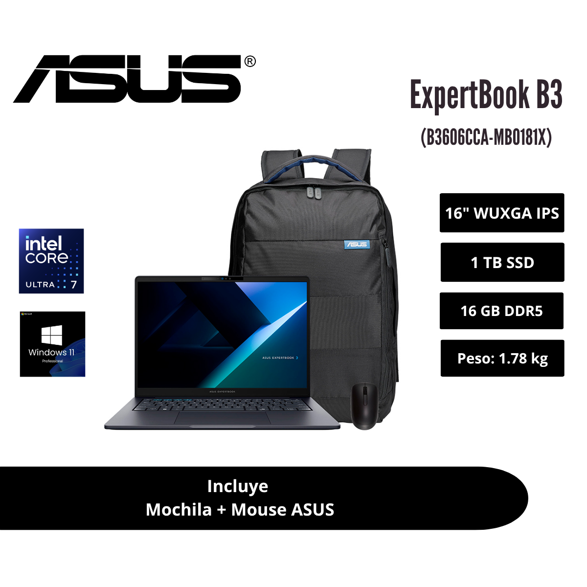 LAPTOP ASUS EXPERTBOOK B3 16″ WUXGA IPS CORE ULTRA 7 255H 16GB DDR5 1TB SSD GENTLE GREY WINDOWS 11 PRO 90NX0AR2-M006F0 - 1