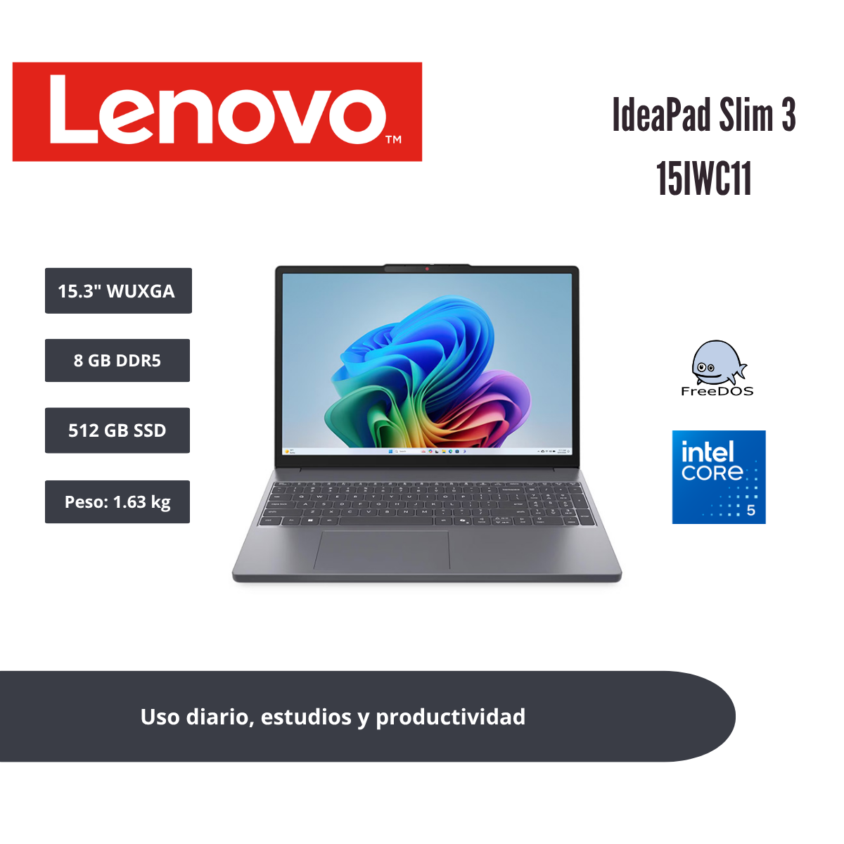 LAPTOP LENOVO IDEAPAD SLIM 3 15.3″ WUXGA IPS CORE 5 320 8GB DDR5 512GB SSD GRIS LUNA 83RR00HTLM - 1