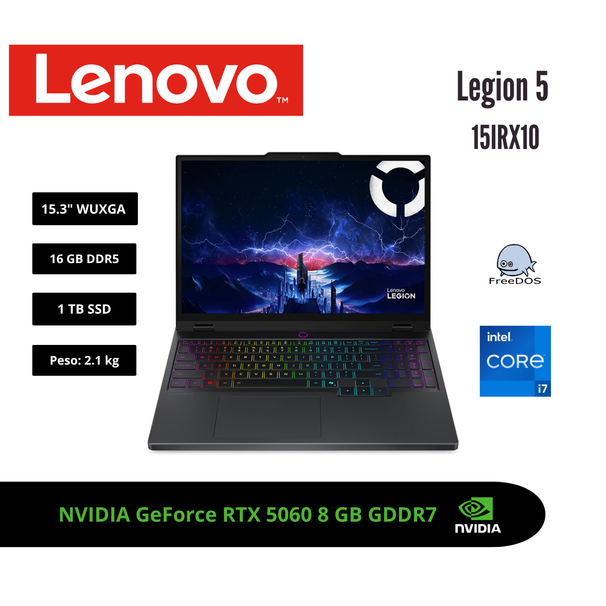 LAPTOP GAMING LENOVO LEGION 5 15.3″ WUXGA 165HZ IPS CORE I7-13650HX RTX 5060 8GB 16GB DDR5 1TB SSD NEGRO ECLIPSE 83LY00SRLM - 1