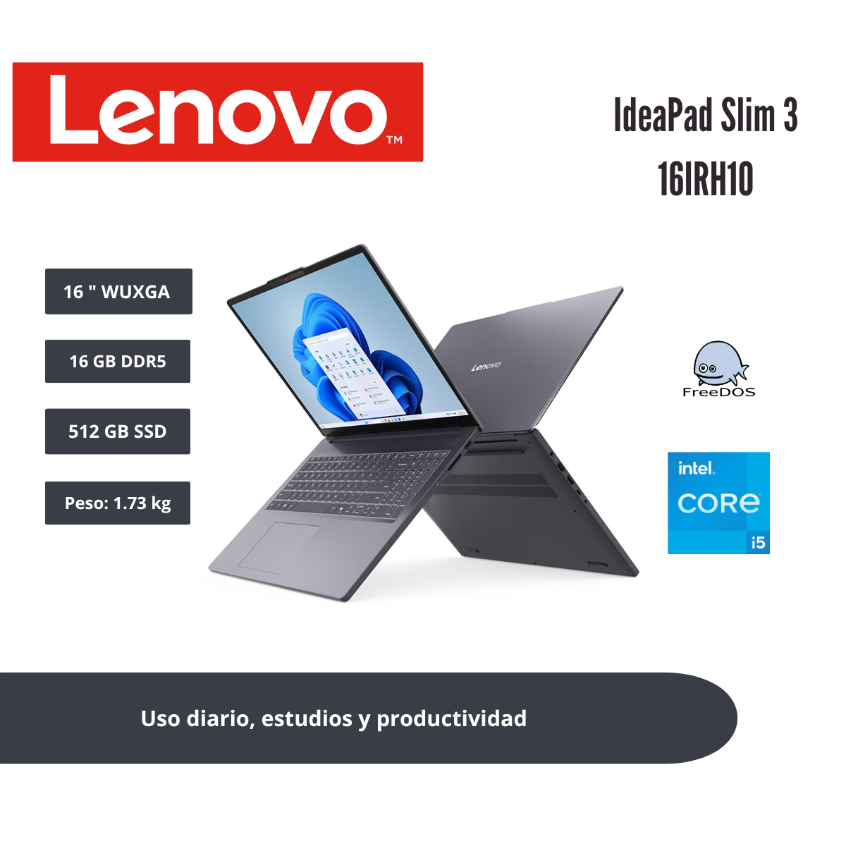 LAPTOP LENOVO IDEAPAD SLIM 3 16″ WUXGA IPS CORE I5-13420H 16GB DDR5 512GB SSD GRIS LUNA 83K200BMLM - 1