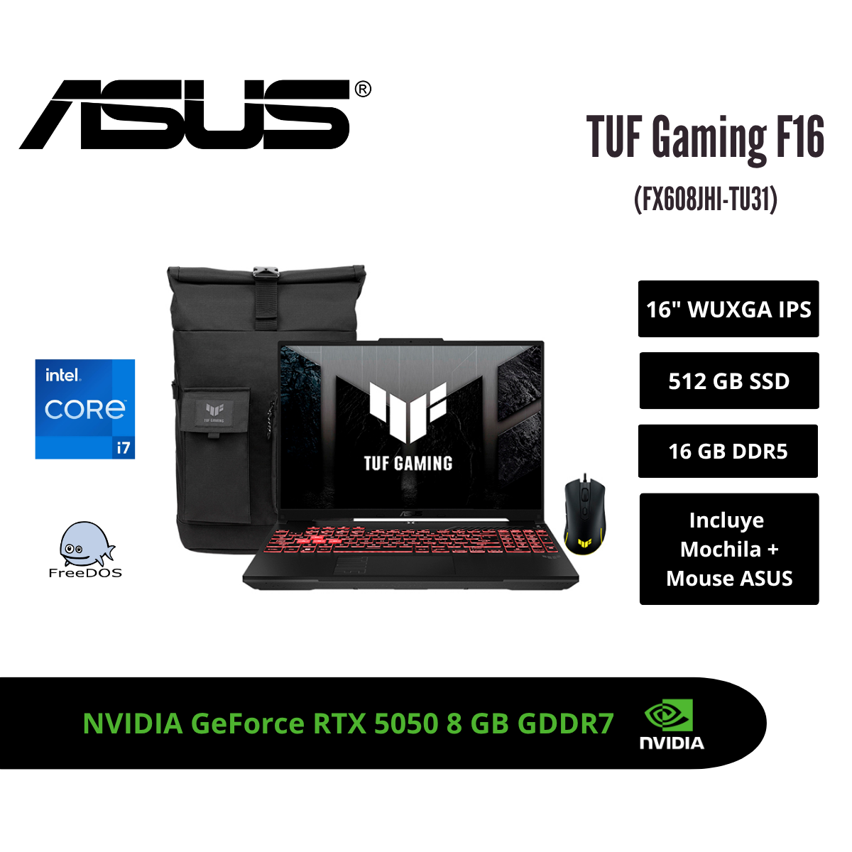 LAPTOP GAMING ASUS TUF F16 16″ WUXGA 144HZ IPS CORE I7-14650HX RTX 5050 8GB 16GB DDR5 512GB SSD JAEGER GRAY 90NR0NA1-M00HK0 - 1