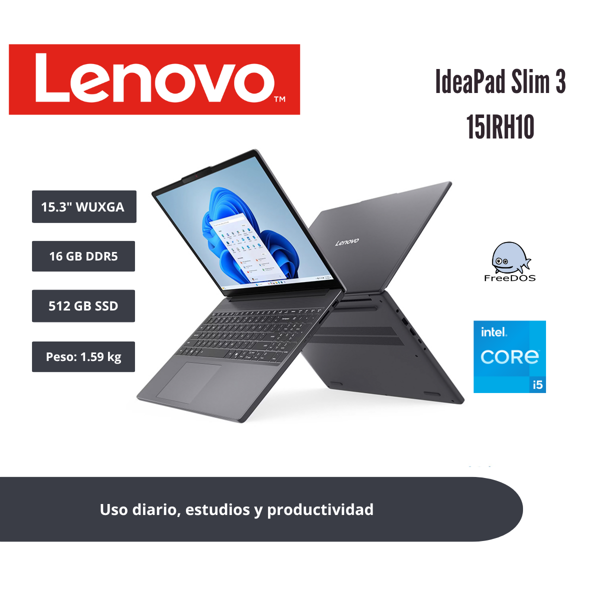 LAPTOP LENOVO IDEAPAD SLIM 3 15.3″ WUXGA IPS CORE I5-13420H 16GB DDR5 512GB SSD GRIS LUNA 83K1016CLM - 1