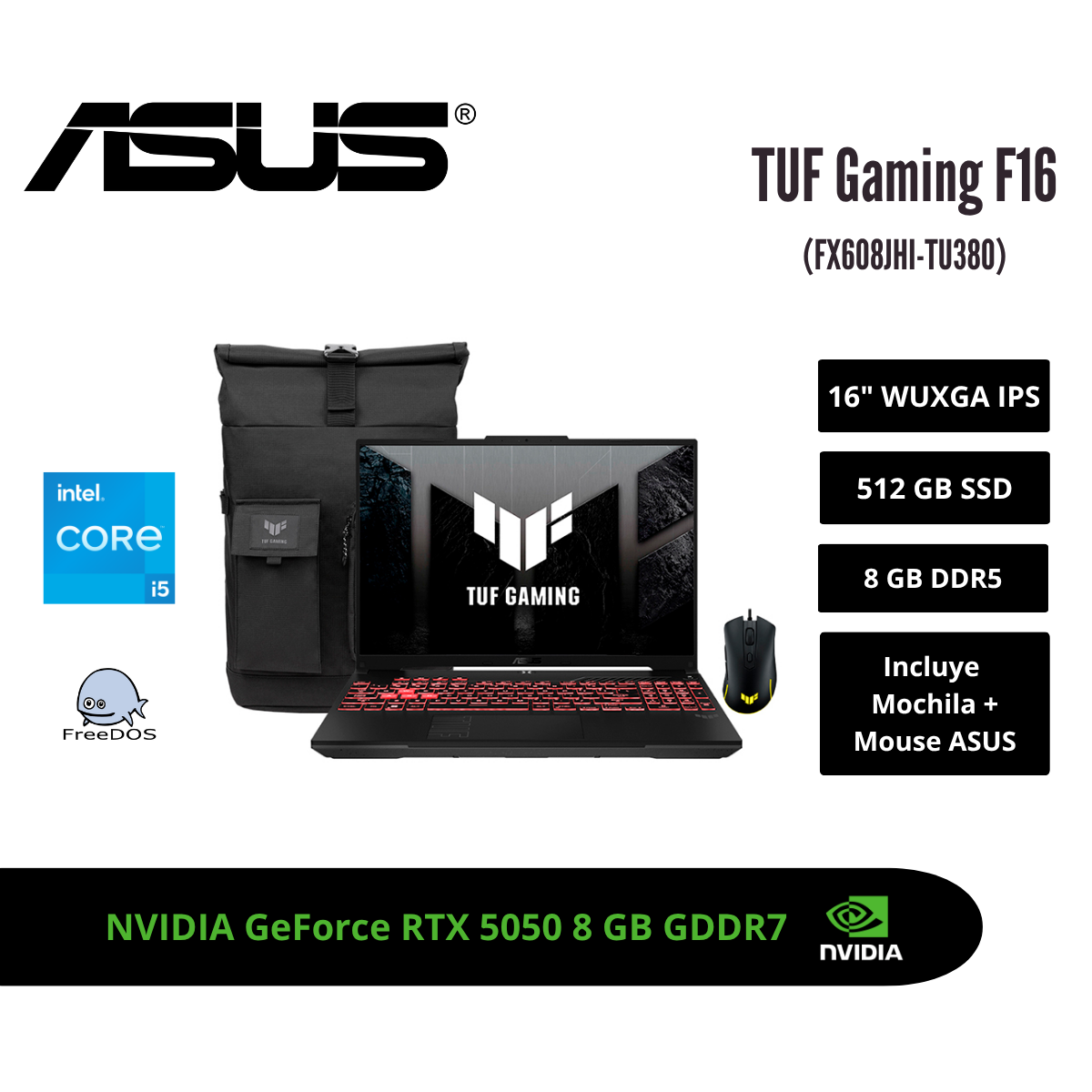 LAPTOP GAMING ASUS TUF F16 16″ WUXGA 144HZ IPS CORE I5-14450HX RTX 5050 8GB 8GB DDR5 512GB SSD JAEGER GRAY 90NR0NA1-M00M20 - 1