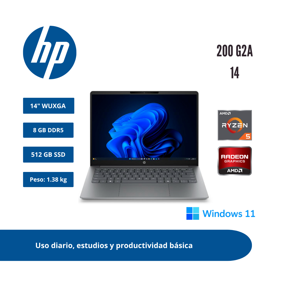 LAPTOP HP 200 G2A 14″ WUXGA IPS RYZEN 5 220 8GB DDR5 512GB SSD WINDOWS 11 PRO D6FU8LA#ABM - 1