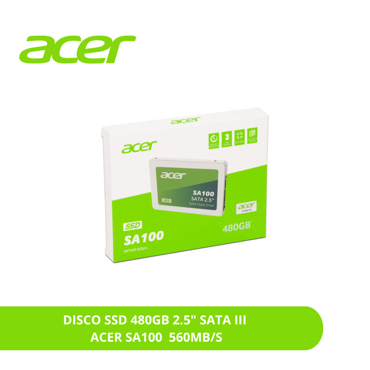 DISCO SSD 480GB 2.5″ SATA III 560MB/S ACER SA100 BL.9BWWA.103 - 1