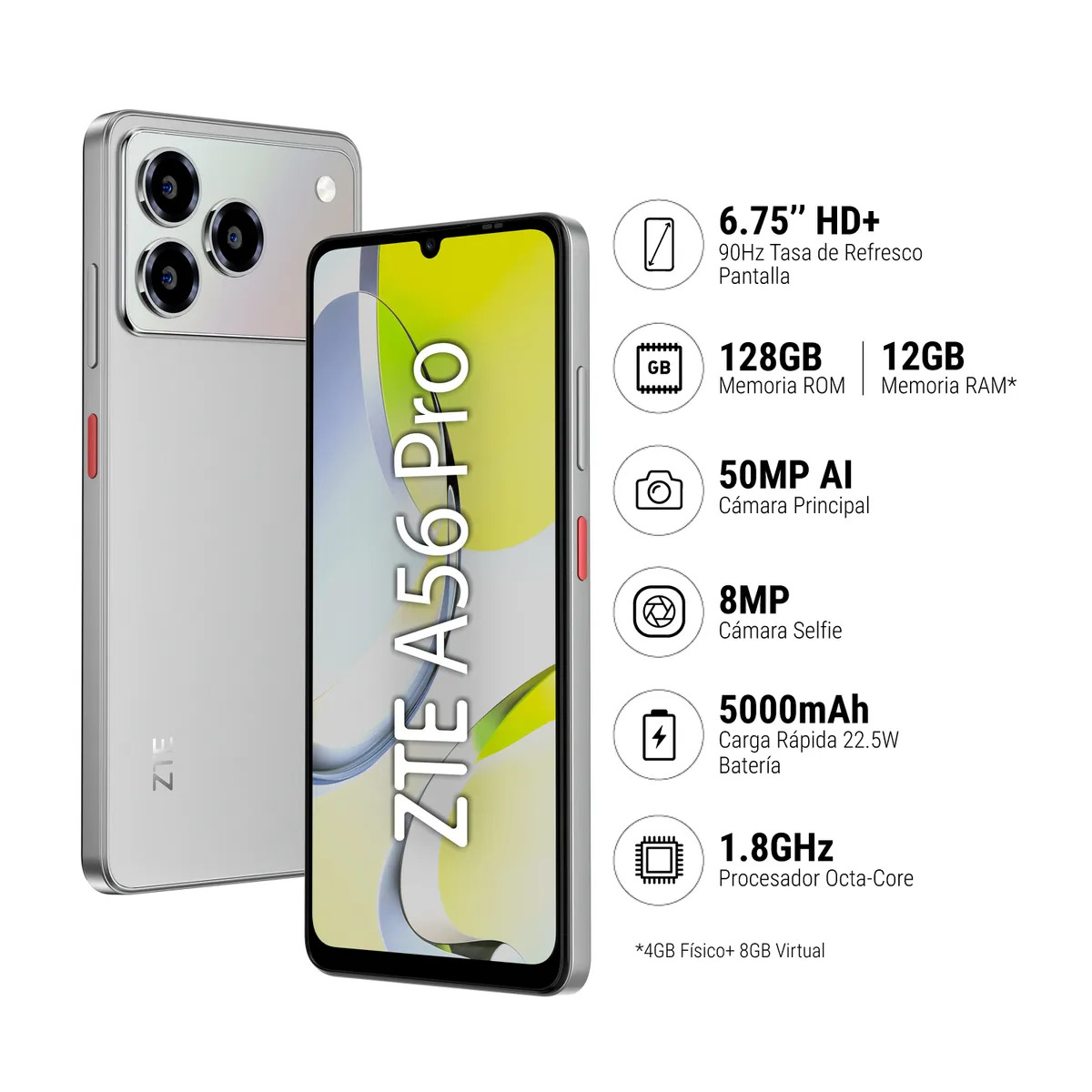 CELULAR ZTE BLADE A56 PRO 4GB + 128GB - PLATEADO - 1