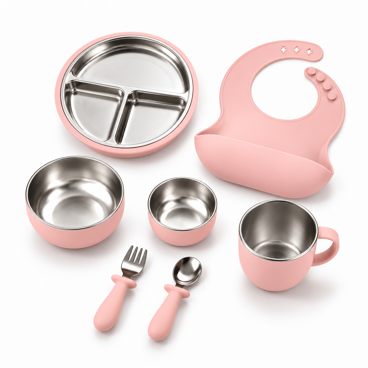 SET DE ALIMENTACIÓN PARA BEBÉ 7 PIEZAS DE ACERO INOXIDABLE Y SILICONA / ROSADO - 1