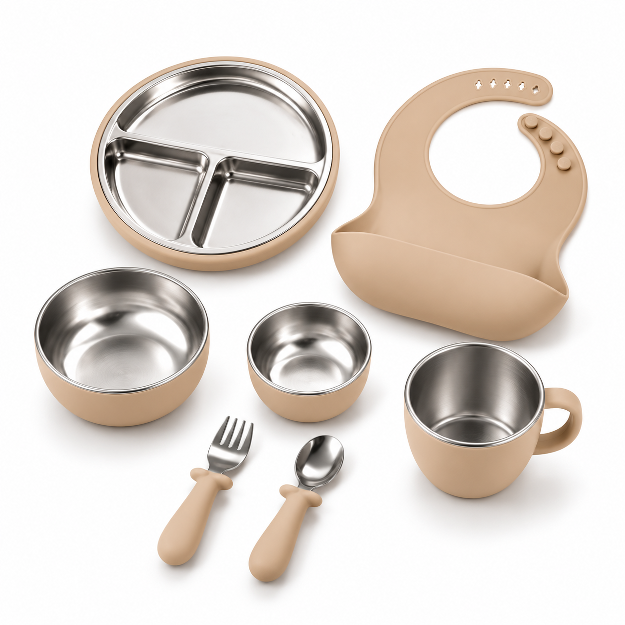 SET DE ALIMENTACIÓN PARA BEBÉ 7 PIEZAS DE ACERO INOXIDABLE Y SILICONA - 1