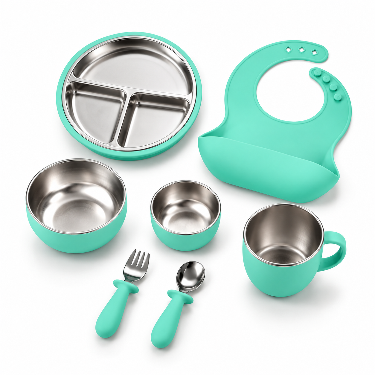 SET DE ALIMENTACIÓN PARA BEBÉ 7 PIEZAS DE ACERO INOXIDABLE Y SILICONA - 1