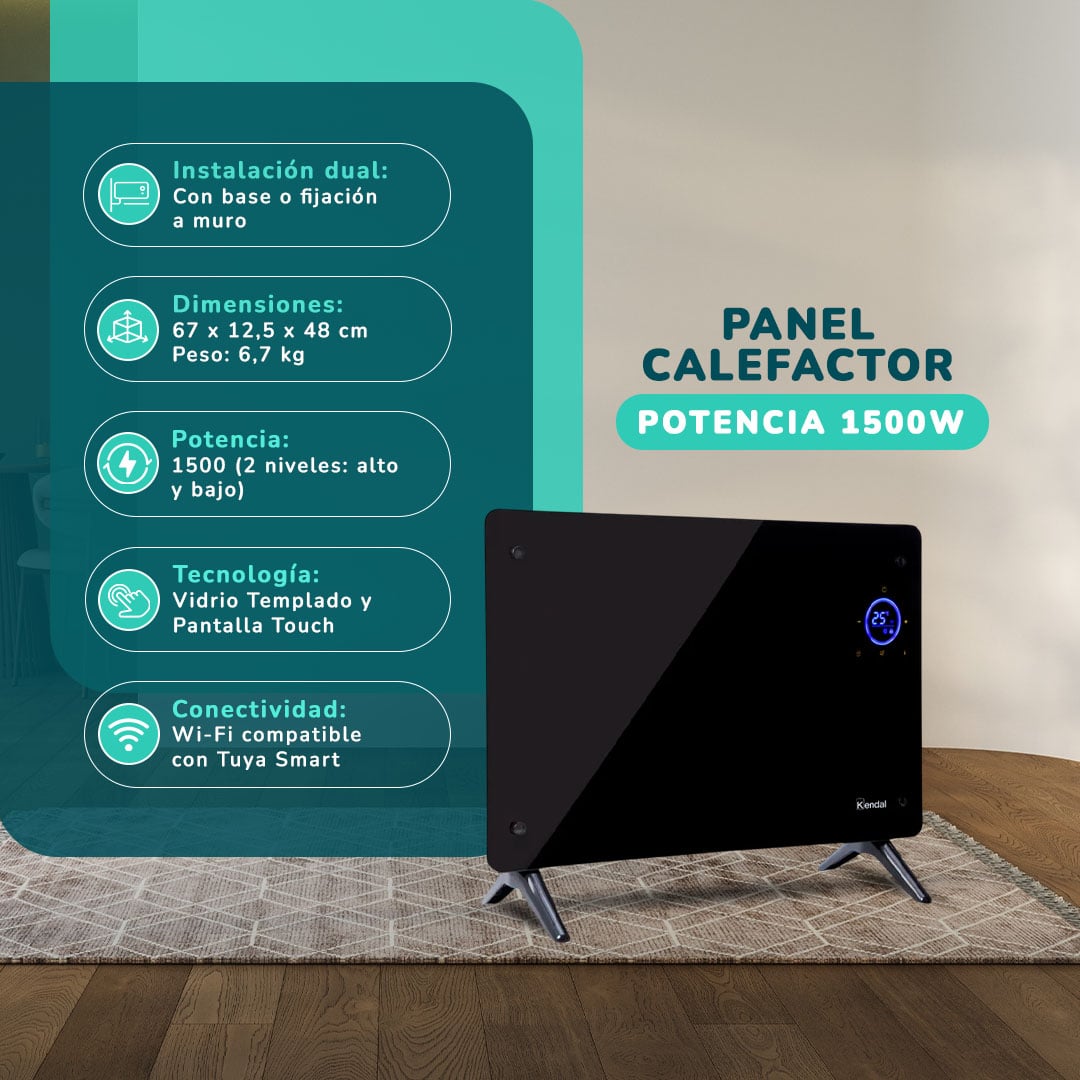 ESTUFA ELÉCTRICA SMART PANEL VIDRIO KENDAL WIFI18 M2-1500W PISOMURO - 2