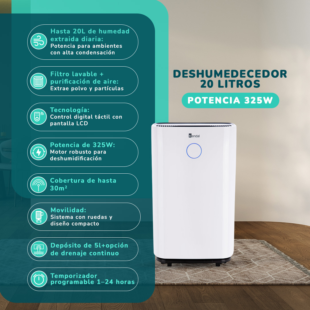 DESHUMEDECEDOR Y PURIFICADORK ENDAL 20 LT COBERTURA 30M2  POTENCIA 325W OL20-D025C - 2
