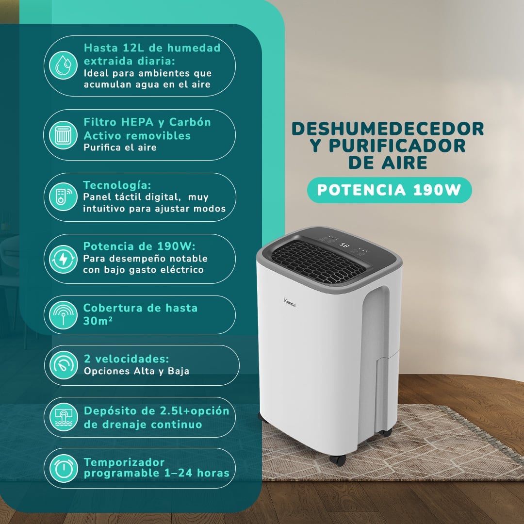DESHUMEDECEDOR Y PURIFICADOR KENDAL KD-PD12R CON FILTRO MIXTO CAPACIDAD 12 LT COBERTURA 30M2 POTENCIA 190W - 2