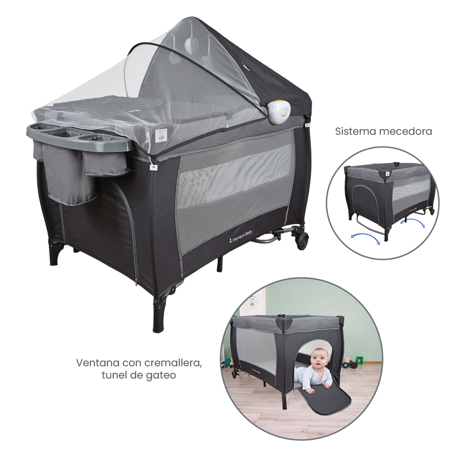 CUNA CORRAL MECEDORA BEBÉ NAPOLES GRIS + COLCHÓN ORTOPEDICO PREMIUM BABY PB2384 - 6